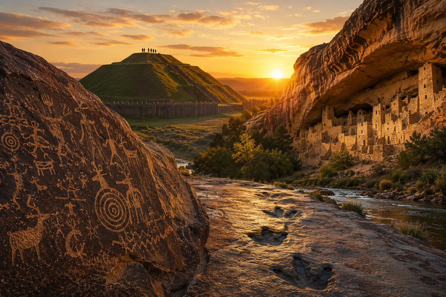 Ancient ruins under golden-hour skies