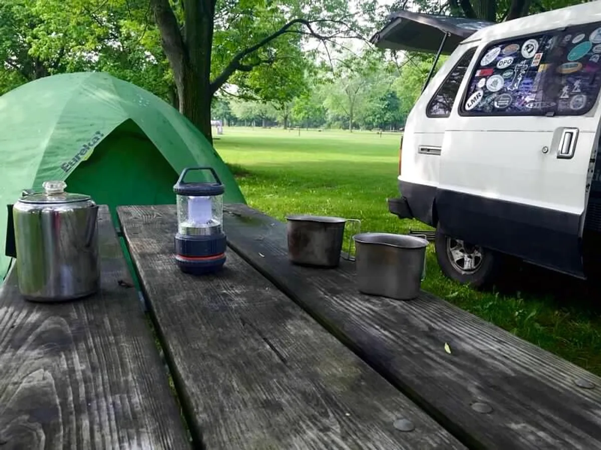 Camp setup — Eureka tent, percolator, Billy Goat