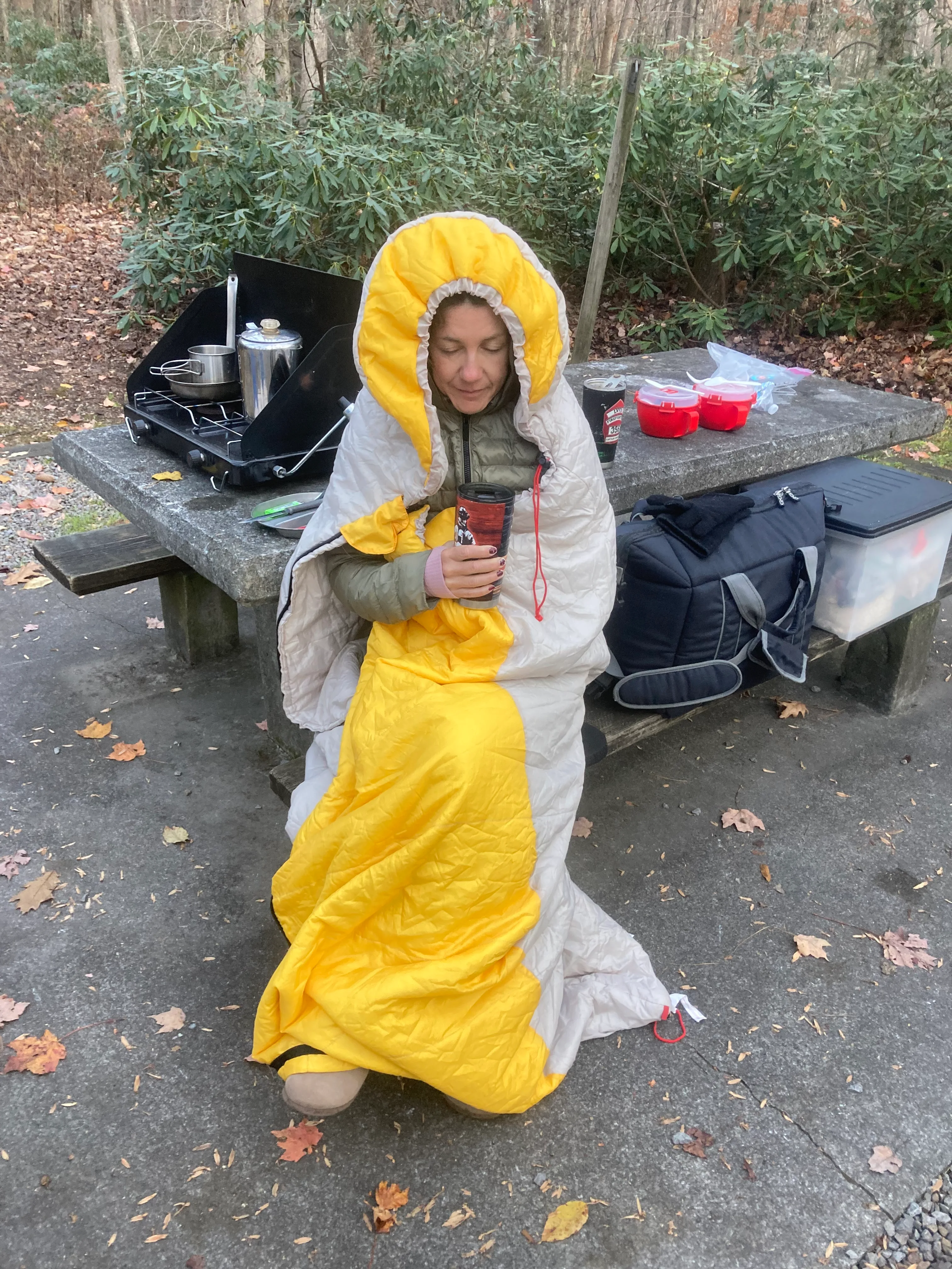 Amy at the campsite morning
