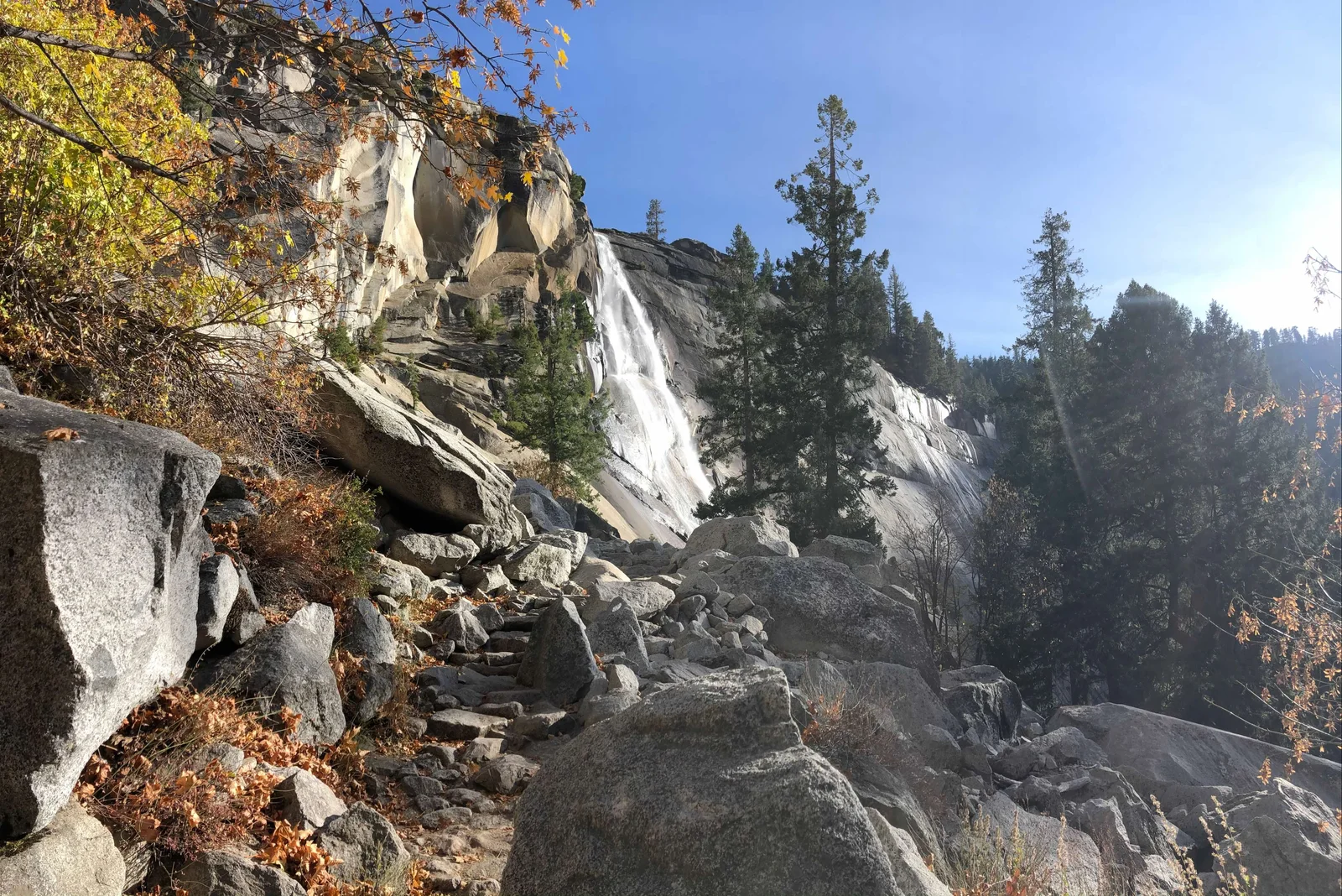 Nevada Fall from the Mist Trail — the granite staircase, the fall colors, the gorge. October is the right time.
