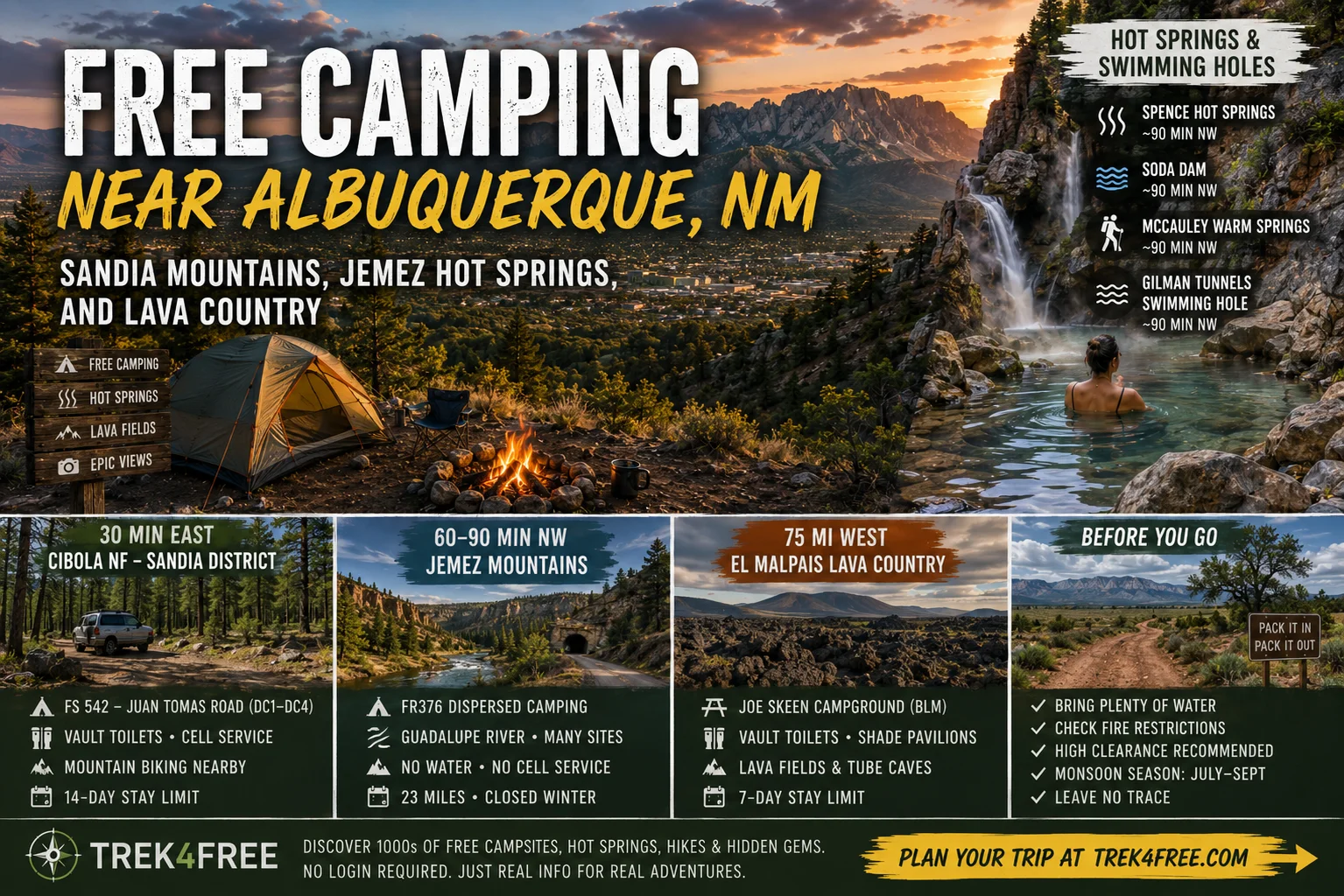 Free Camping Near Albuquerque, NM: Sandia Mountains, Jemez Hot Springs, and Lava Country