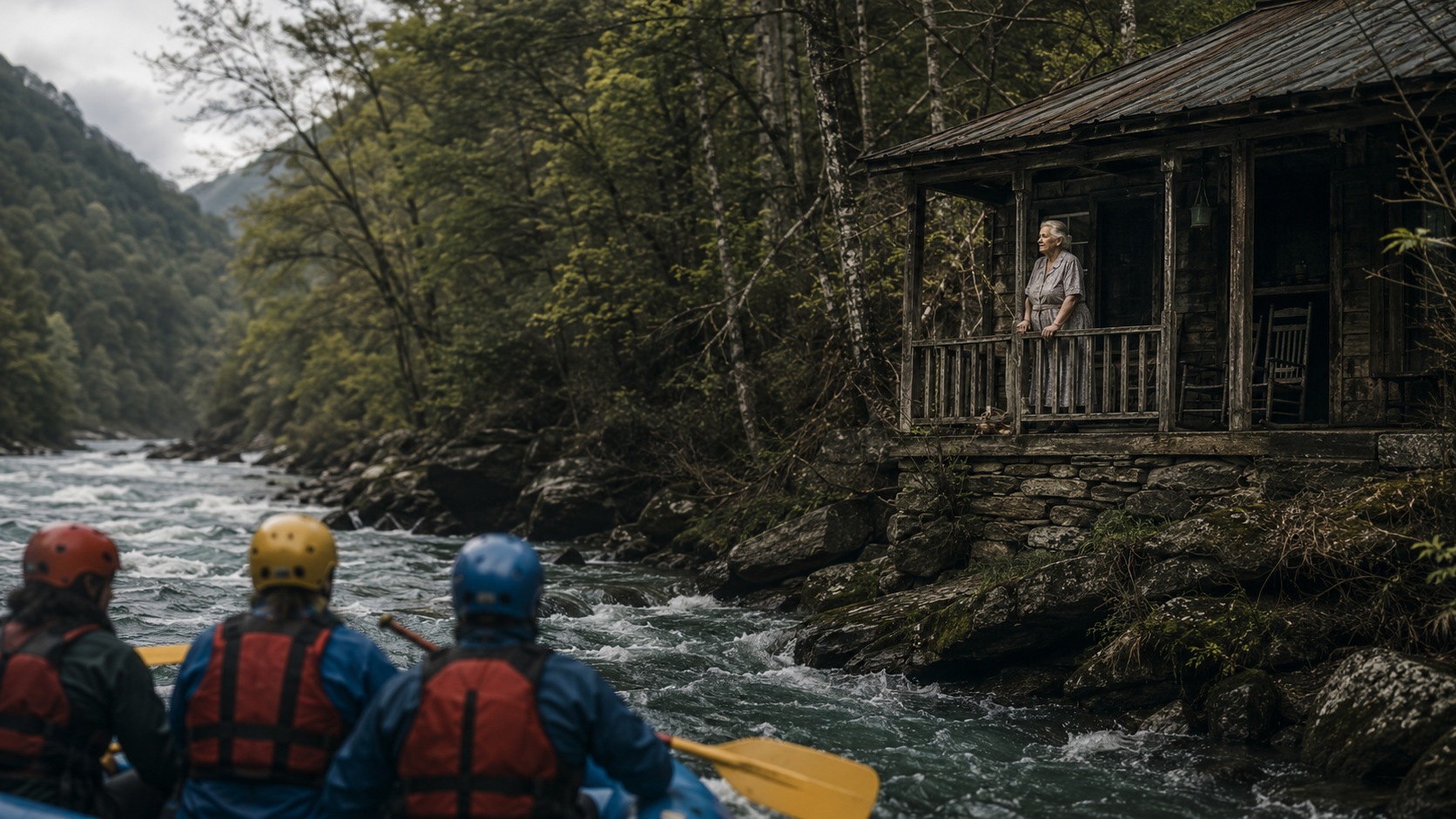A woman watching from her cabin on the river bank