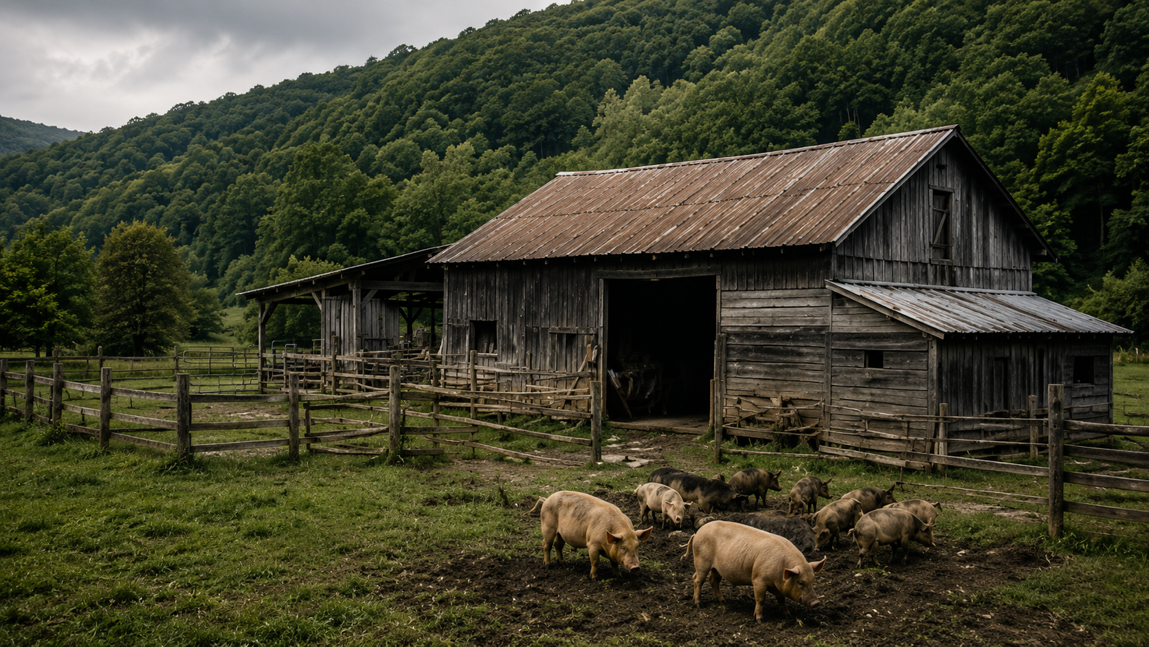Appalachian barn and pigs, green hills
