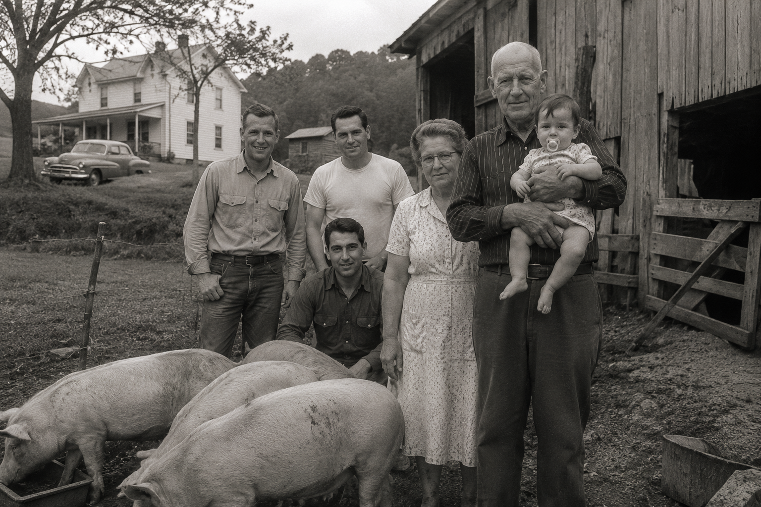 The family at the farm — grandfather with baby at the pig pen