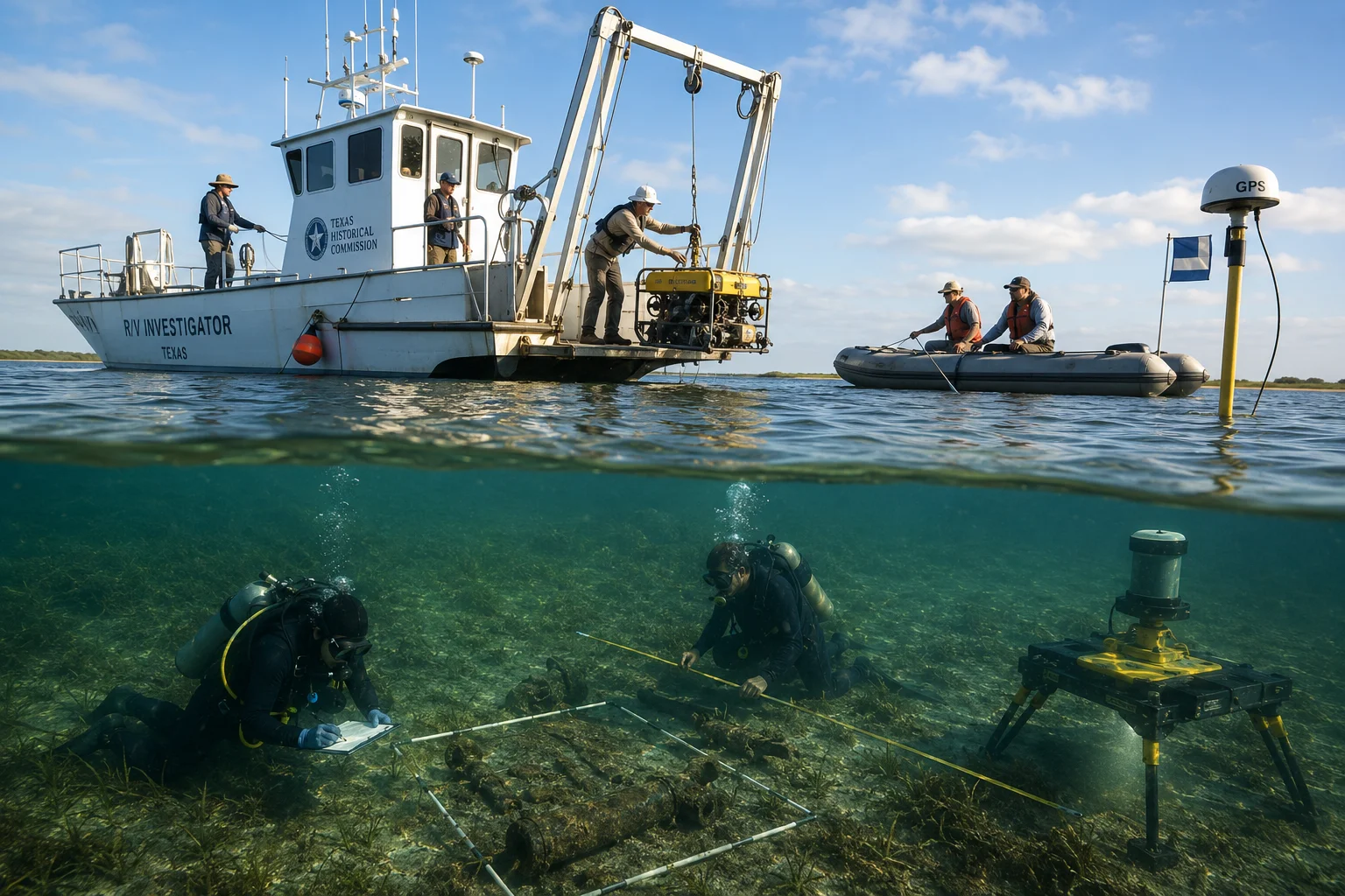 Archaeological survey off the Texas coast — the kind of investigation the Texas Historical Commission is running at Pass Cavallo right now