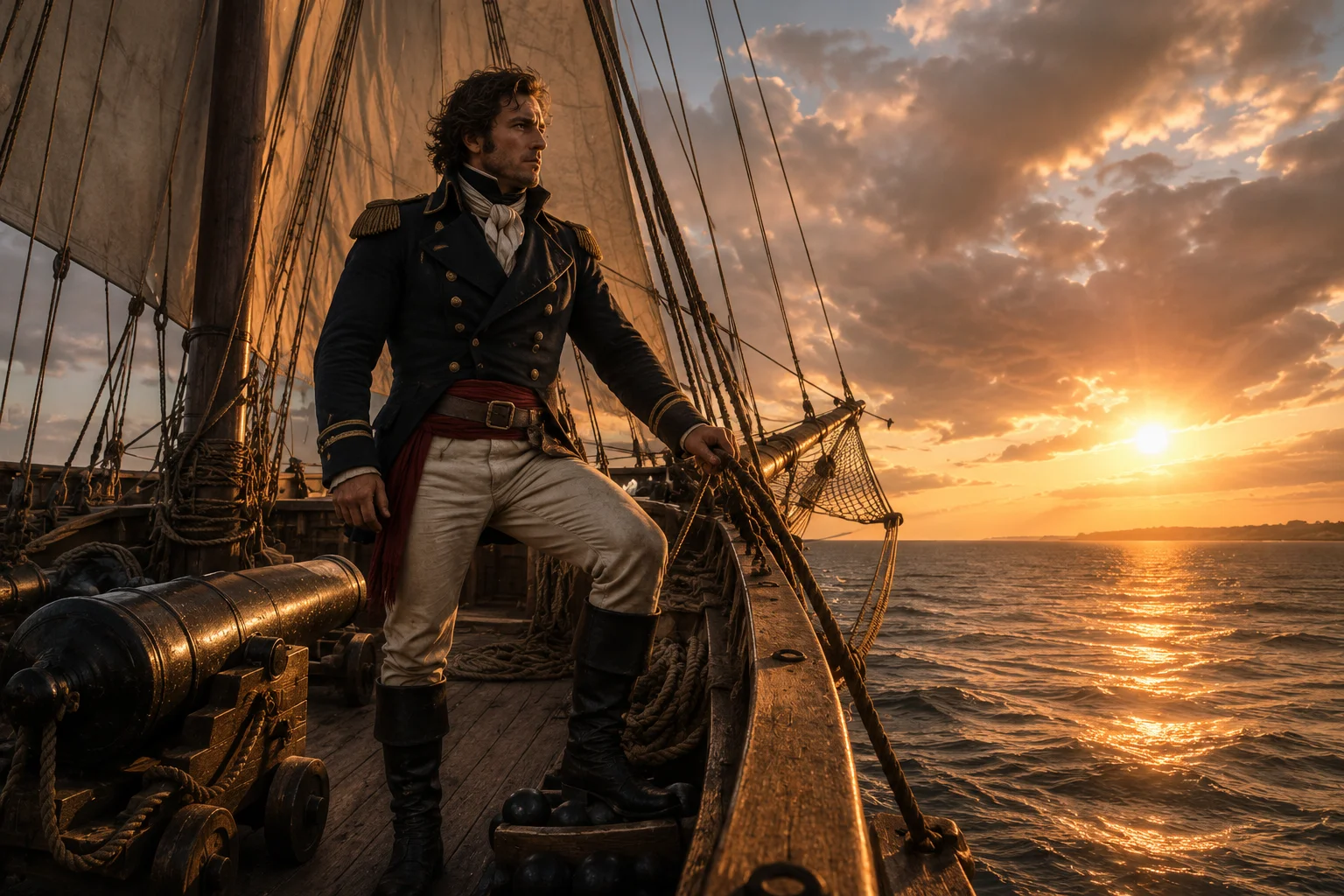 A French privateer captain at the bow of an armed schooner, Gulf of Mexico at sunset