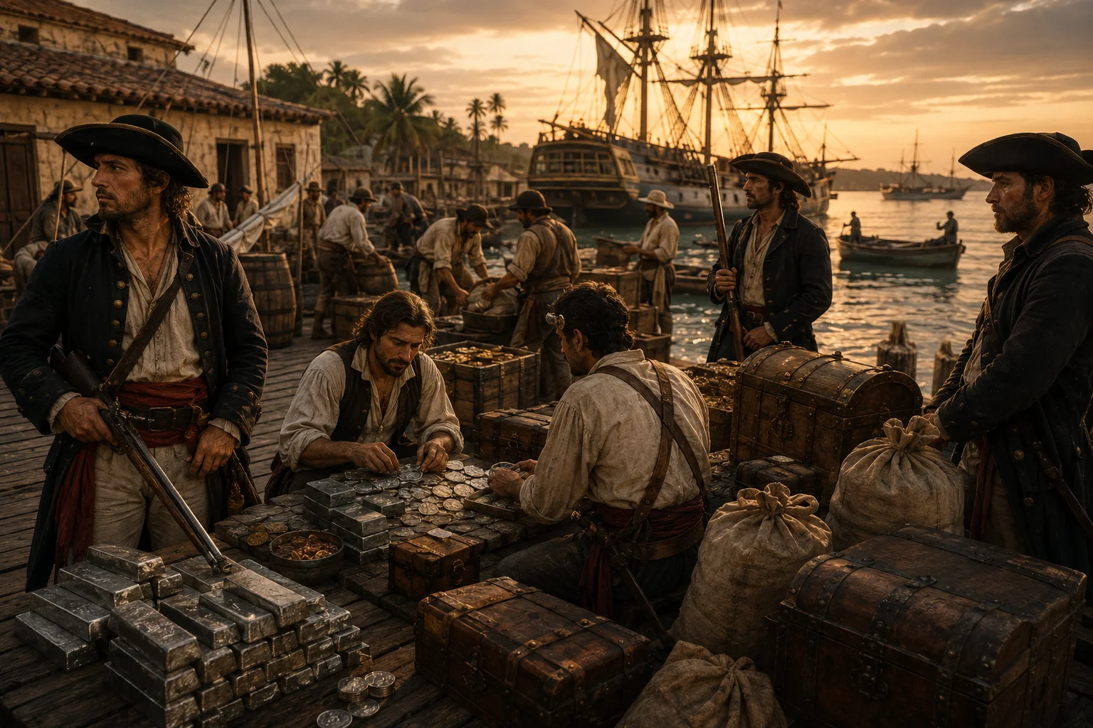 Pirates counting prize cargo at sunset — the same wealth flowing off El Camino Real and onto the Gulf