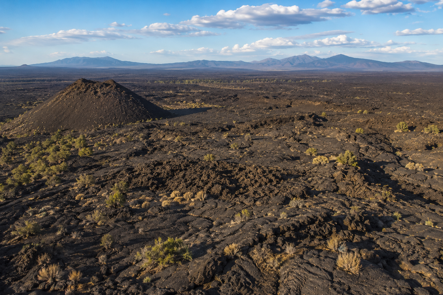 Vast black lava field stretching across the New Mexico desert