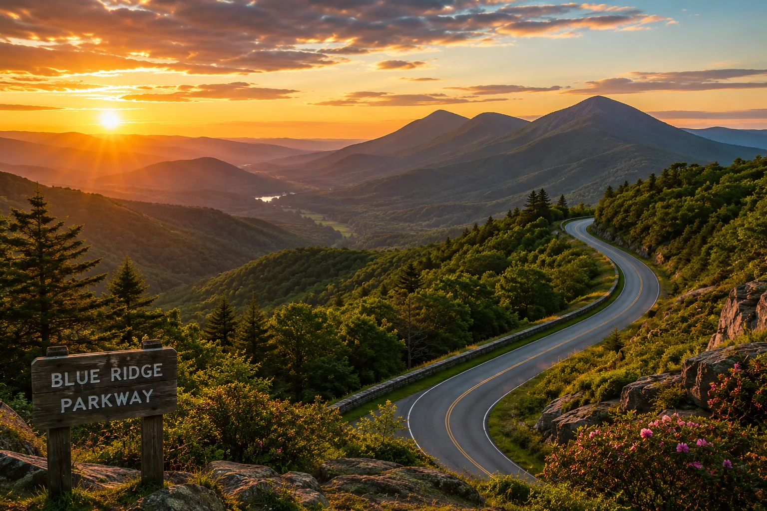 The Blue Ridge Parkway winding through the Peaks of Otter, layered mountain ridges, golden hour