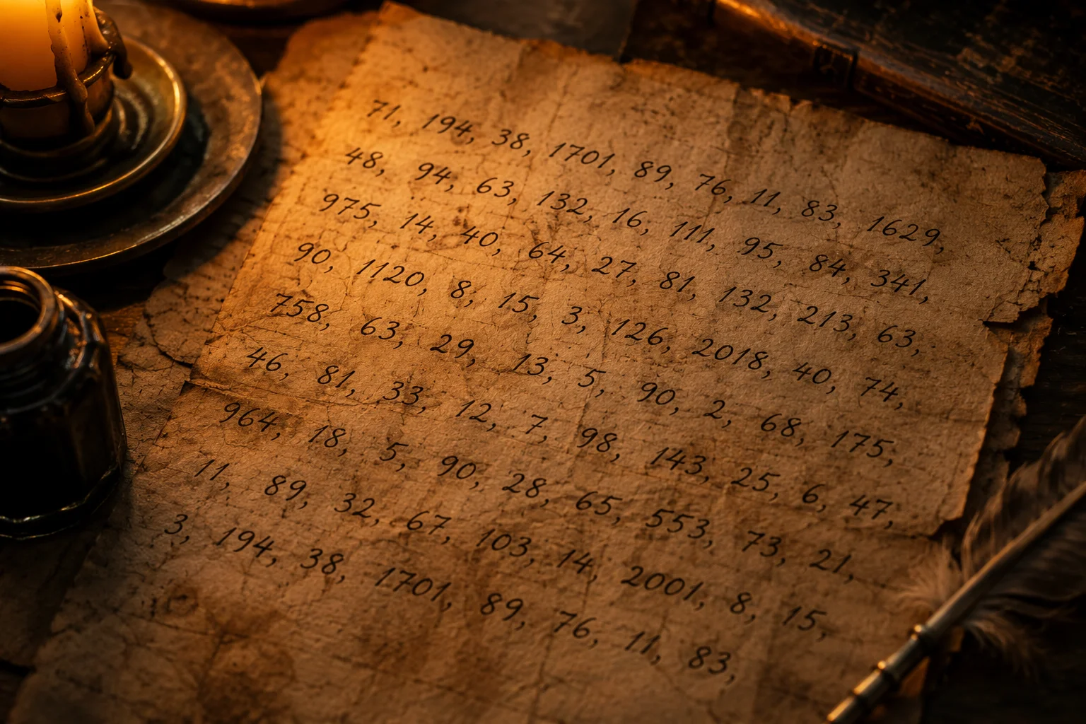 Close-up of an aged parchment covered in handwritten cipher numbers, candlelight