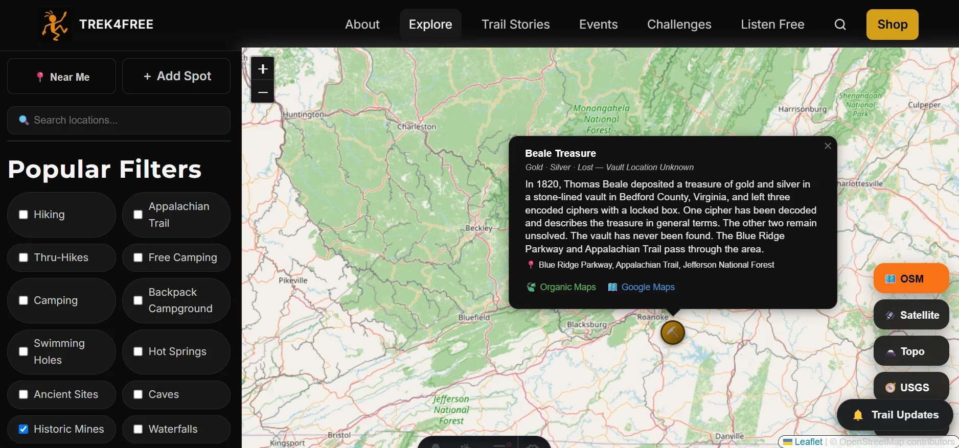 Trek4Free's Explore map showing the Beale Treasure entry under the Historic Mines filter, near Roanoke, Virginia
