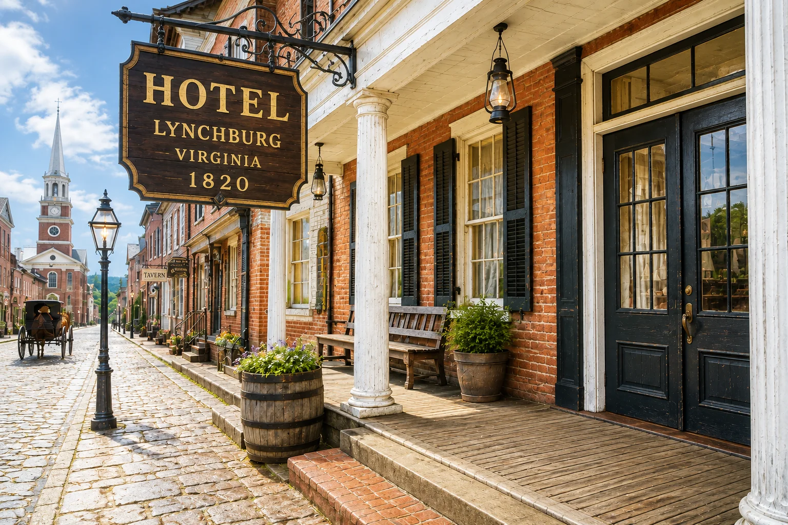 A historic 1820s Lynchburg, Virginia hotel exterior on a cobblestone street, bright daylight