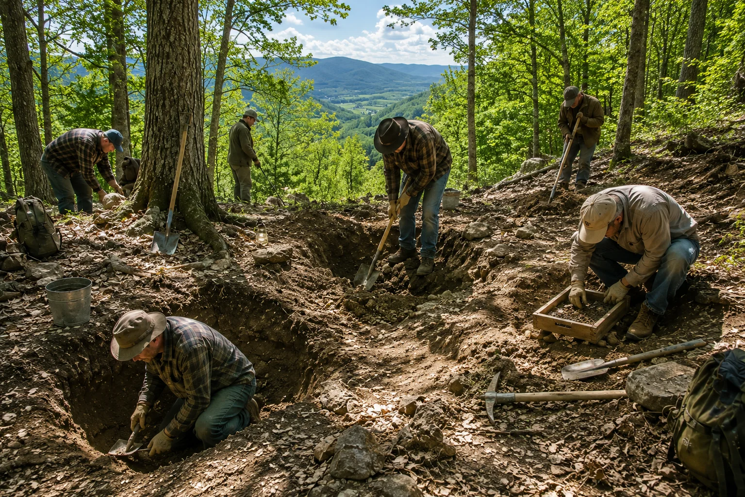 Old-fashioned treasure hunters digging holes in a wooded Virginia hillside in bright daylight
