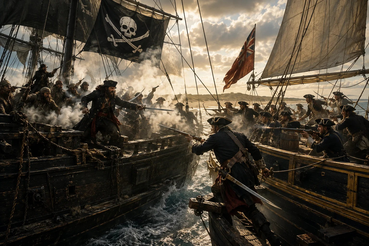 Two ships locked in close-quarters naval combat at dawn in a shallow inlet, gun smoke, sandbars