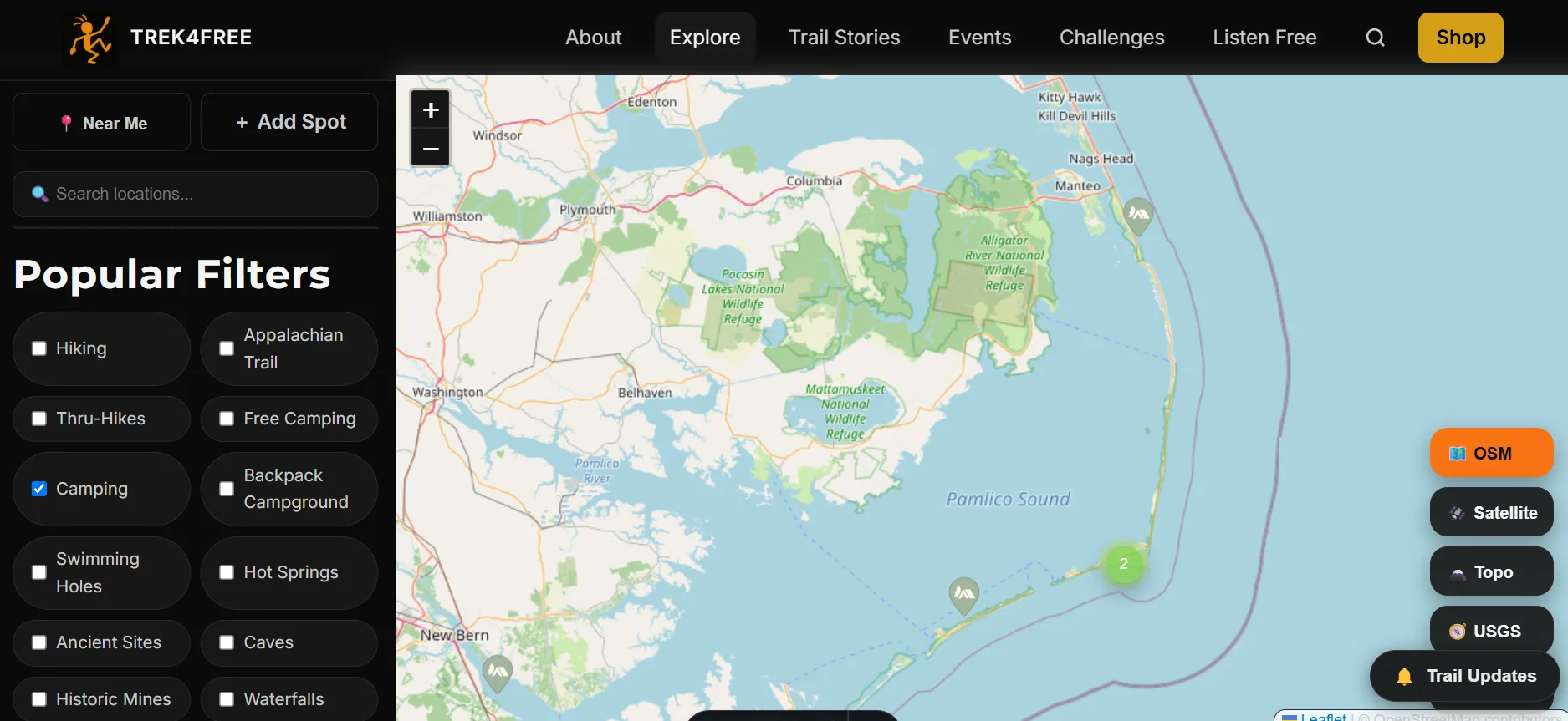 Map view of the four Cape Hatteras National Seashore campgrounds along the Outer Banks, from Oregon Inlet down to Ocracoke Island