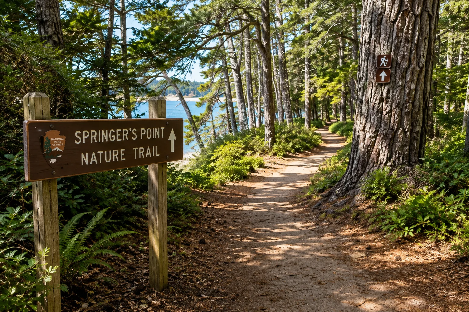 A sandy maritime forest trail winding through live oak and yaupon toward the sound