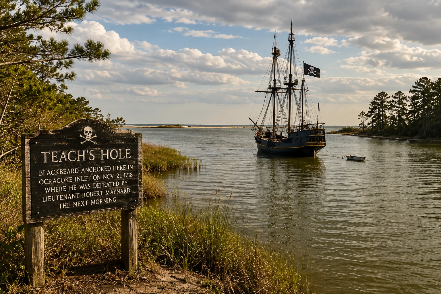 A historical marker for Teach's Hole on a sound-side inlet, with a tall ship anchored in the water beyond the marsh grass