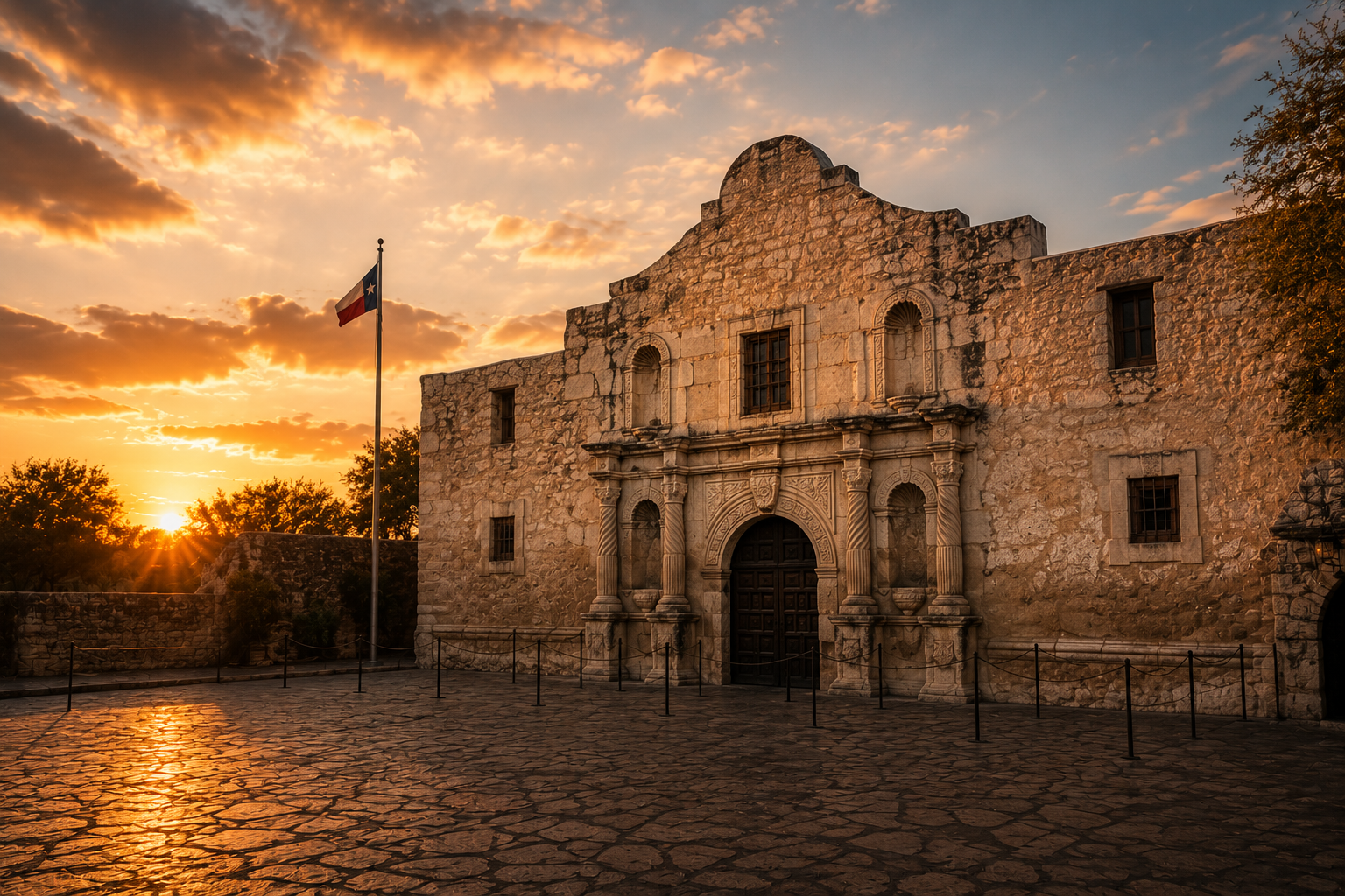 The Alamo in San Antonio at dawn, historic stone facade, quiet and monumental, Texas sky