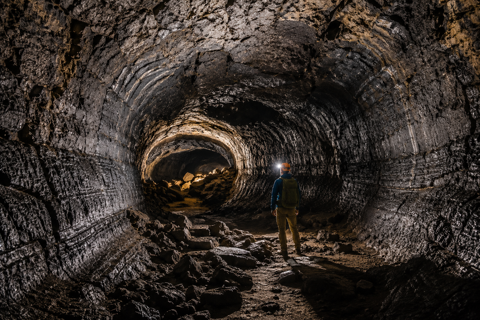 Inside a lava tube, hiker with headlamp for scale
