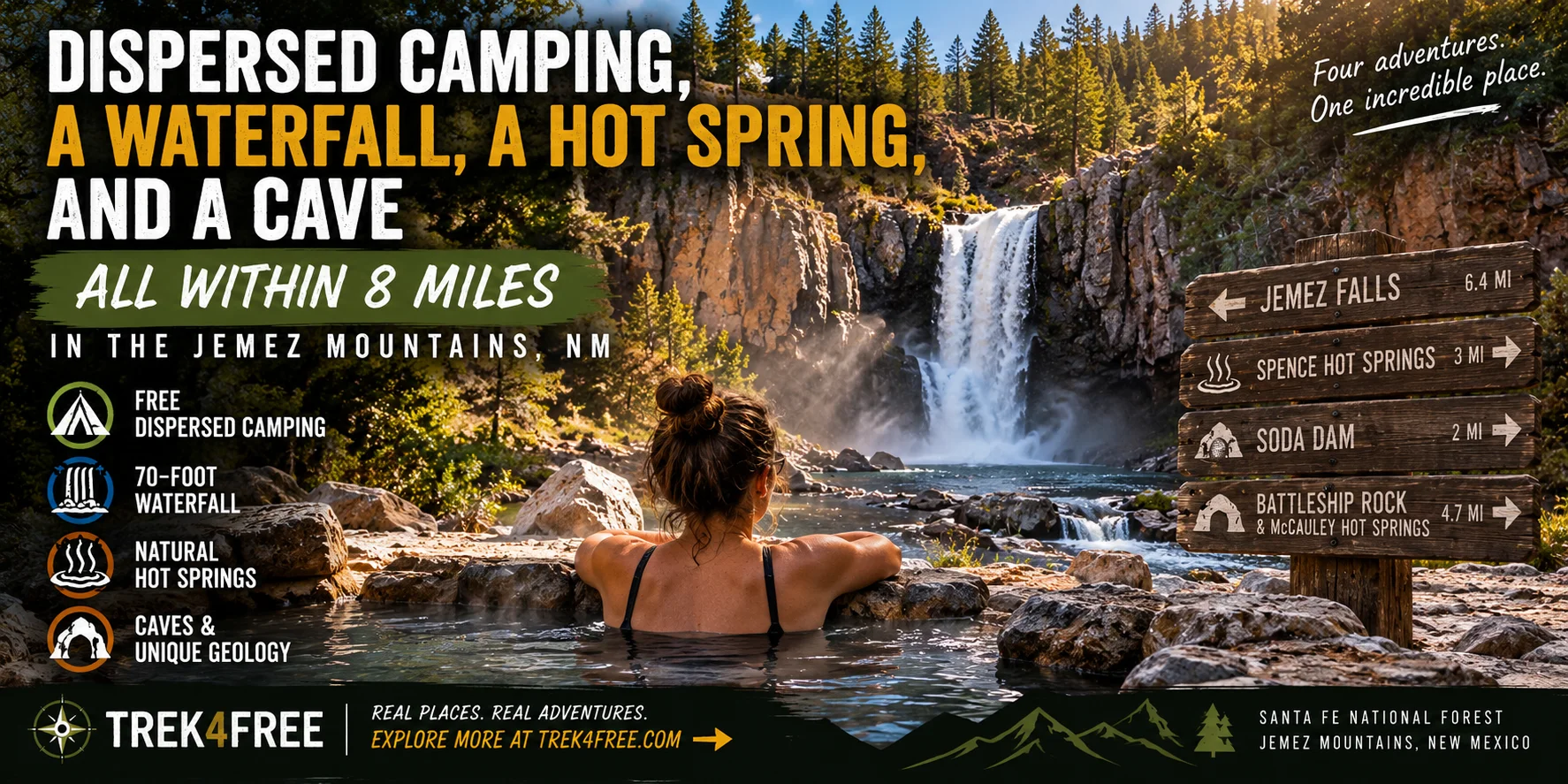 Dispersed Camping, a Waterfall, a Hot Spring, and a Cave — All Within 8 Miles in the Jemez Mountains, NM