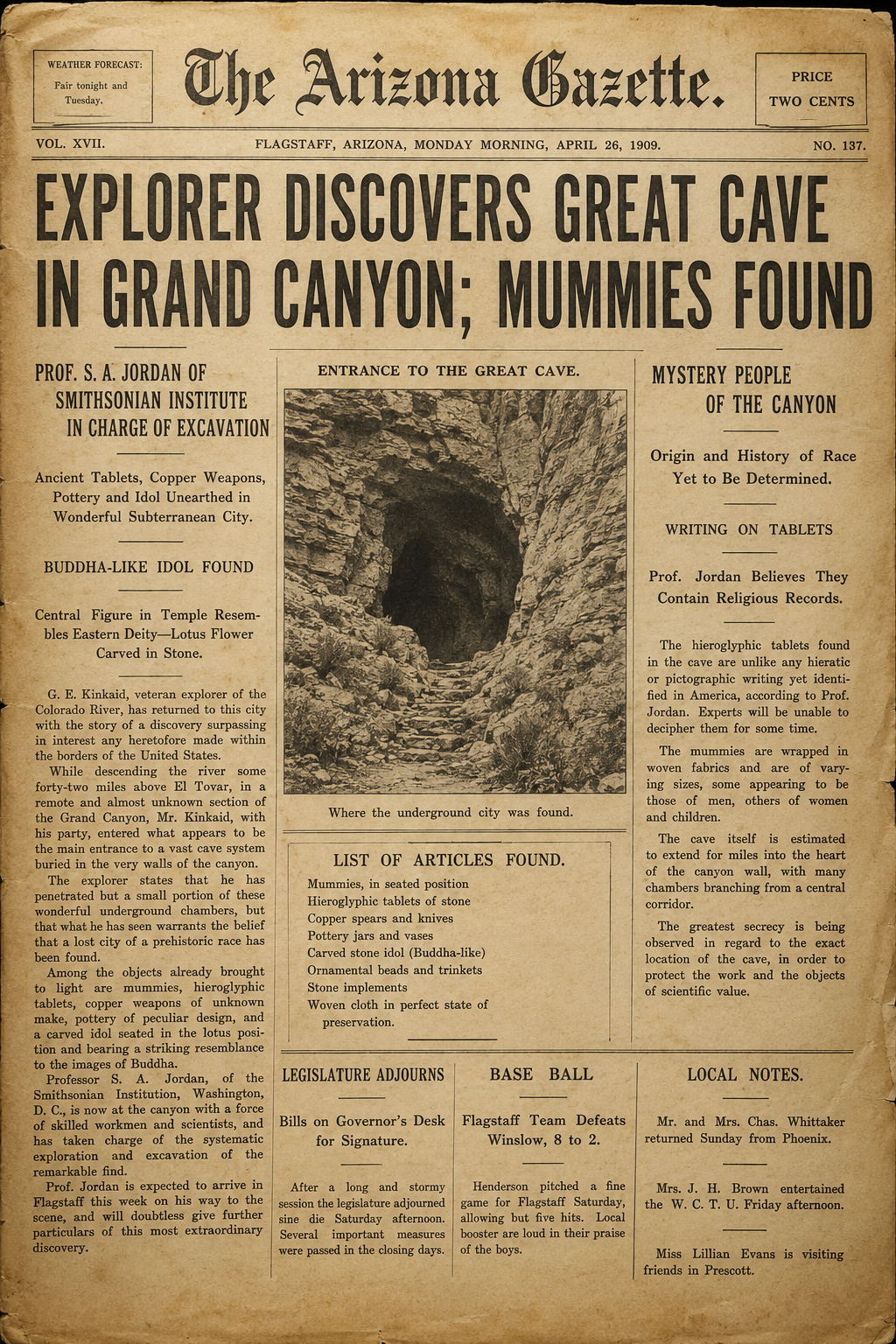 The Arizona Gazette, April 5, 1909 — the newspaper article that started 117 years of questions