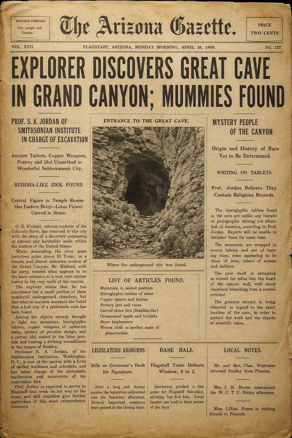 The Arizona Gazette, April 5, 1909 — the newspaper article that started 117 years of questions