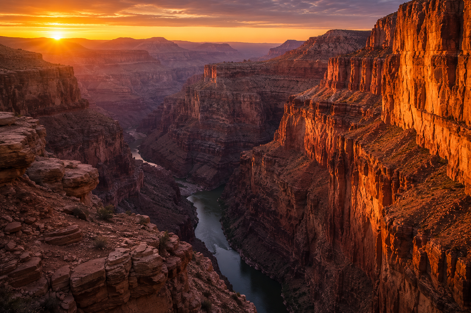 Vast inner Grand Canyon gorge dropping thousands of feet to a narrow river below, remote and inaccessible