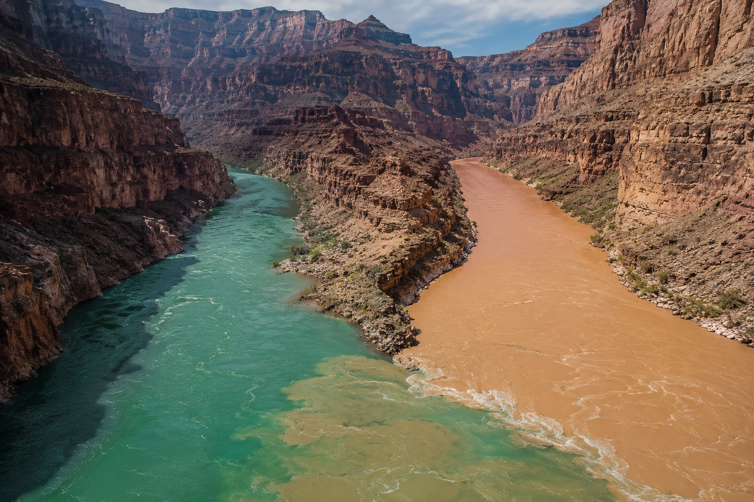 Aerial view of the confluence of the Colorado River and Little Colorado River in the Grand Canyon, turquoise blue-green water