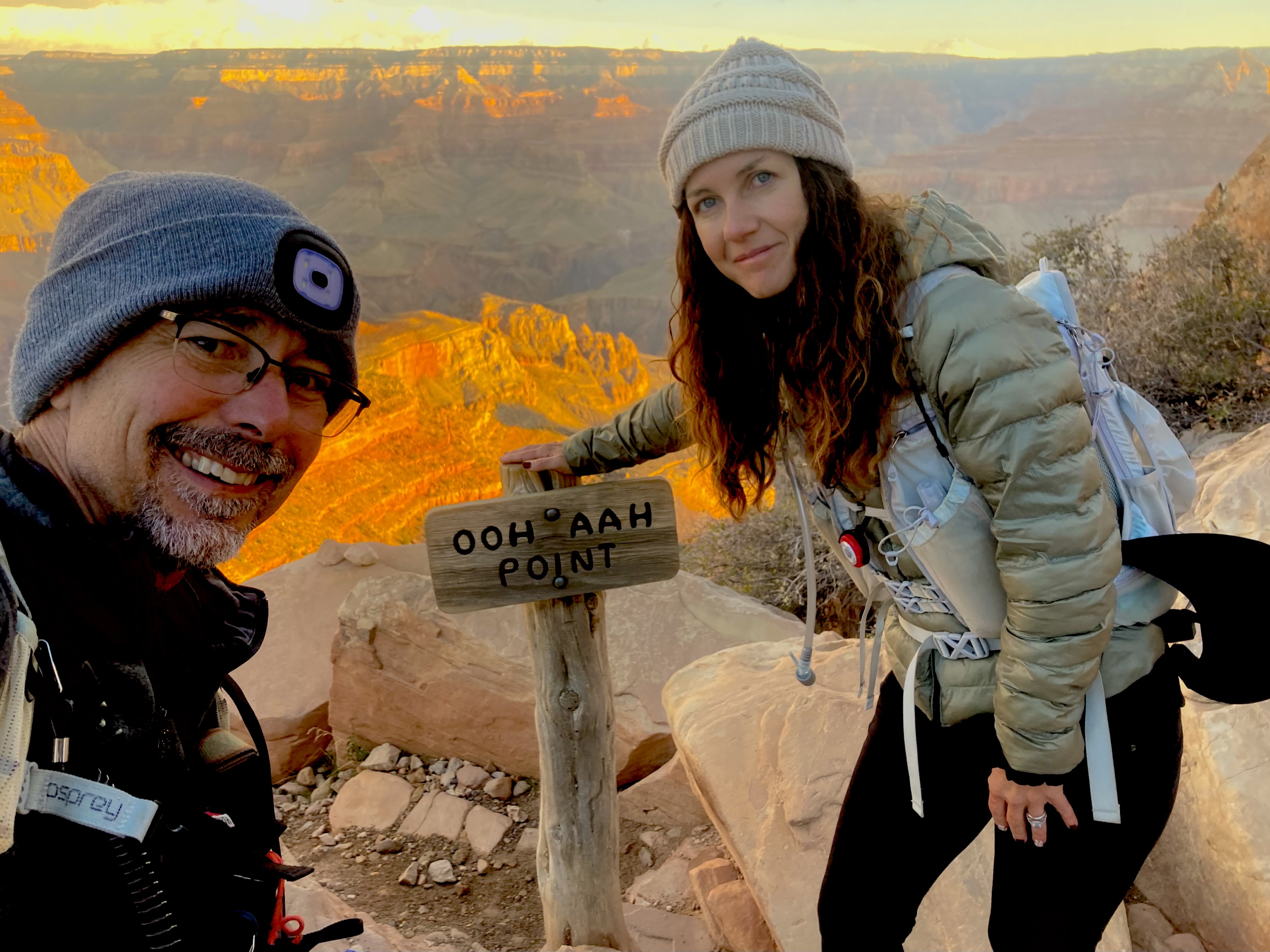 Tortuga and Polly at Ooh Aah Point, Grand Canyon, South Kaibab Trail at sunset