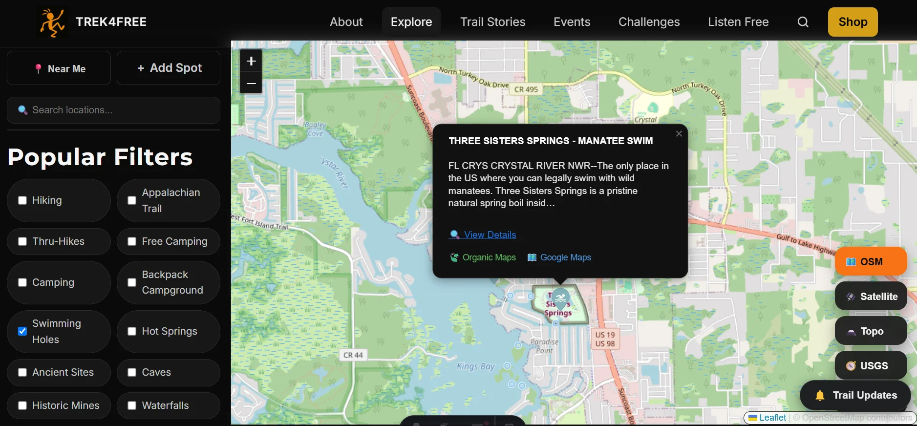 Trek4Free's Explore map showing Three Sisters Springs under the Swimming Holes filter, Crystal River, Florida