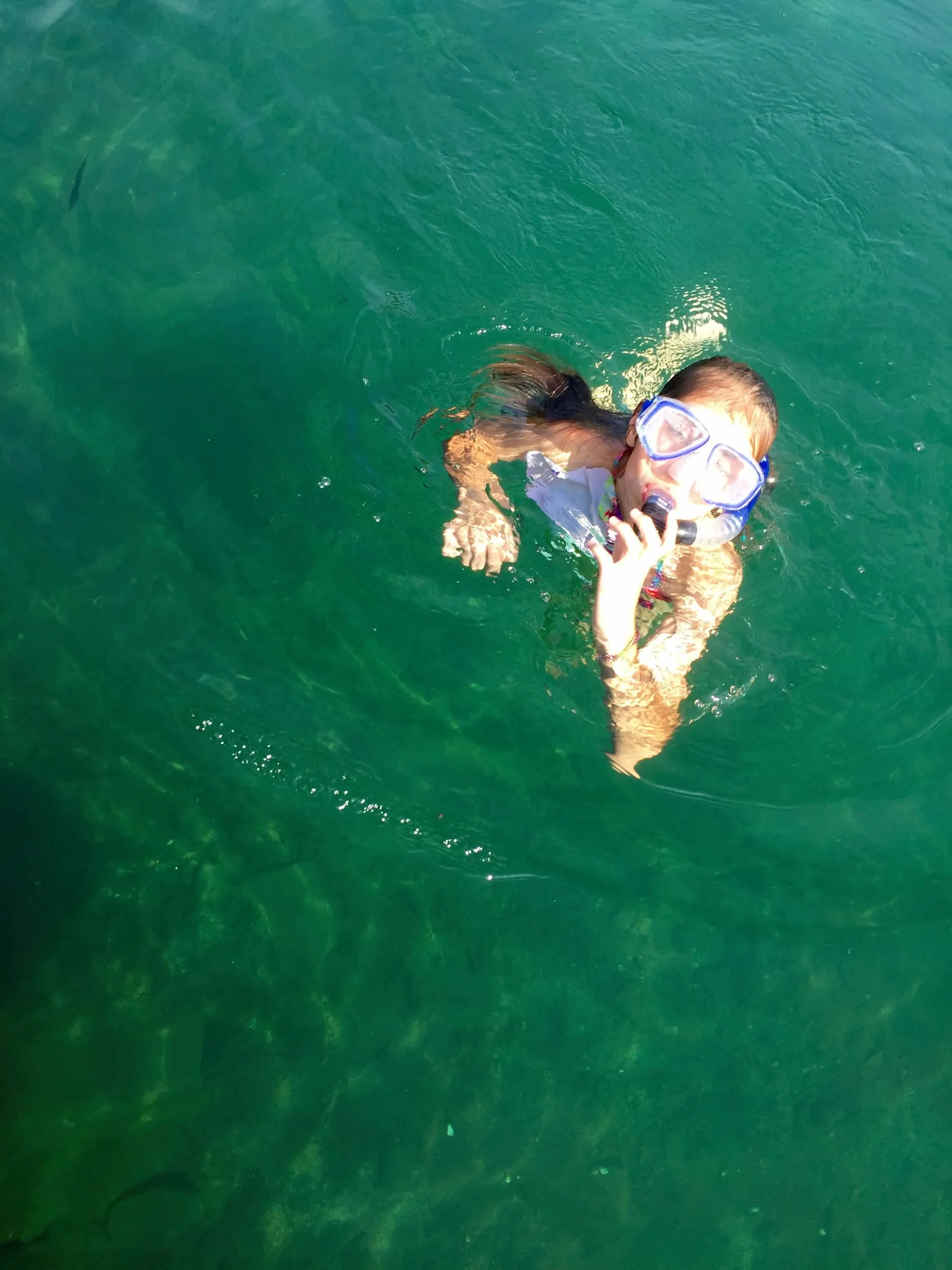 A kid snorkeling in the green water at Lake Phoenix, Virginia