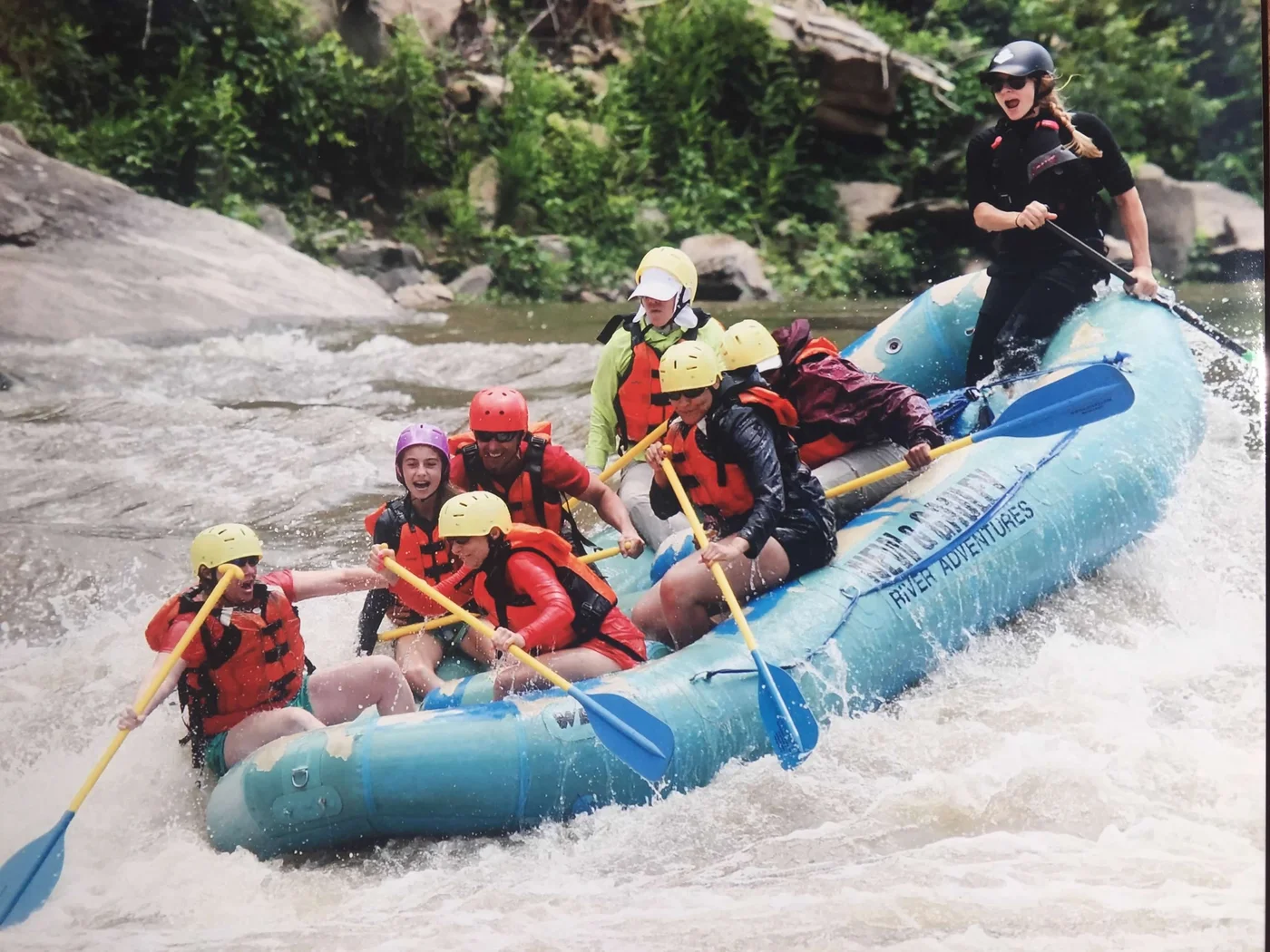 The New River Gorge raft — whole family in, everybody paddling, guide keeping them from the rocks