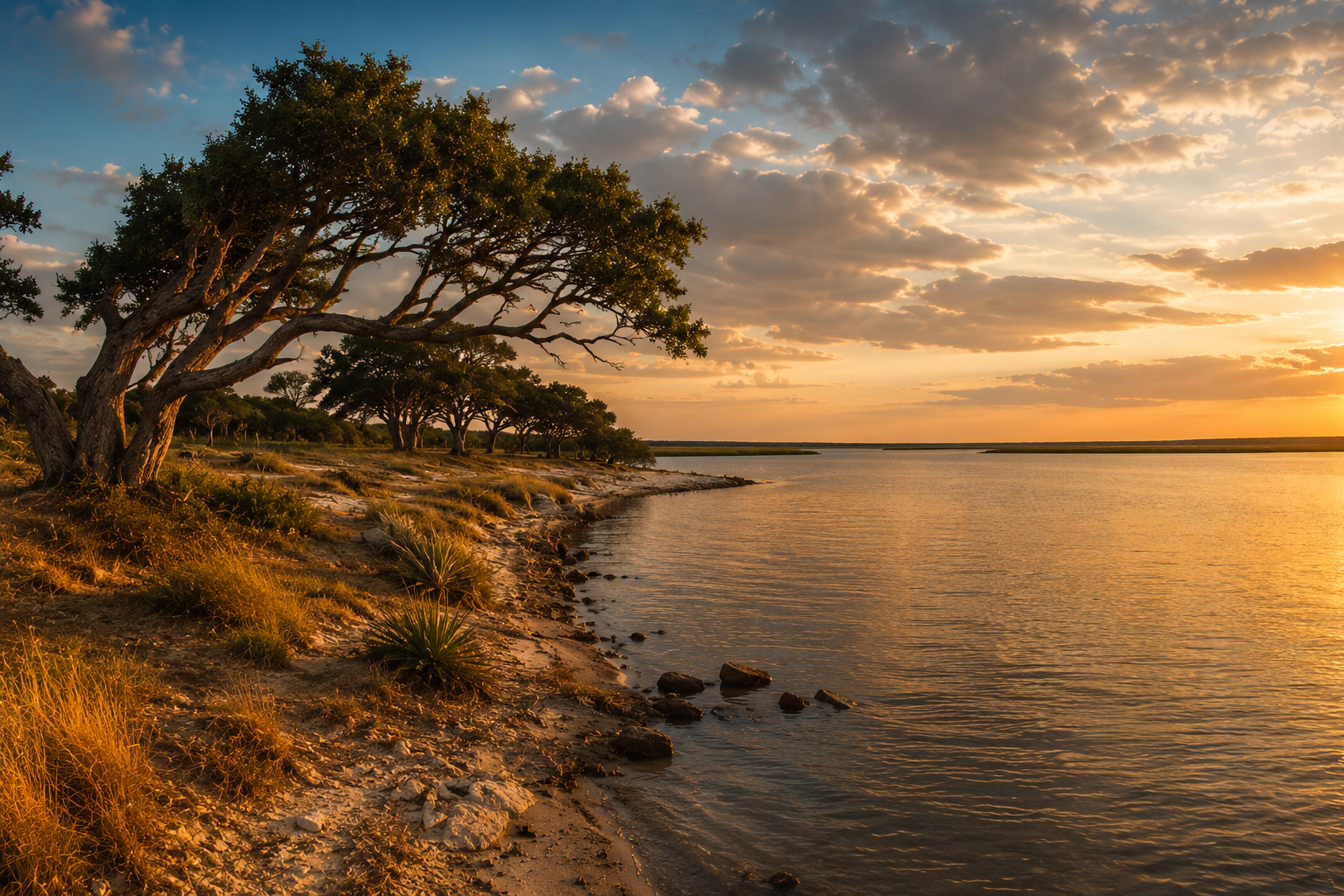 Golden hour light over Aransas Bay shoreline, calm gulf coast water, live oaks, vast Texas sky