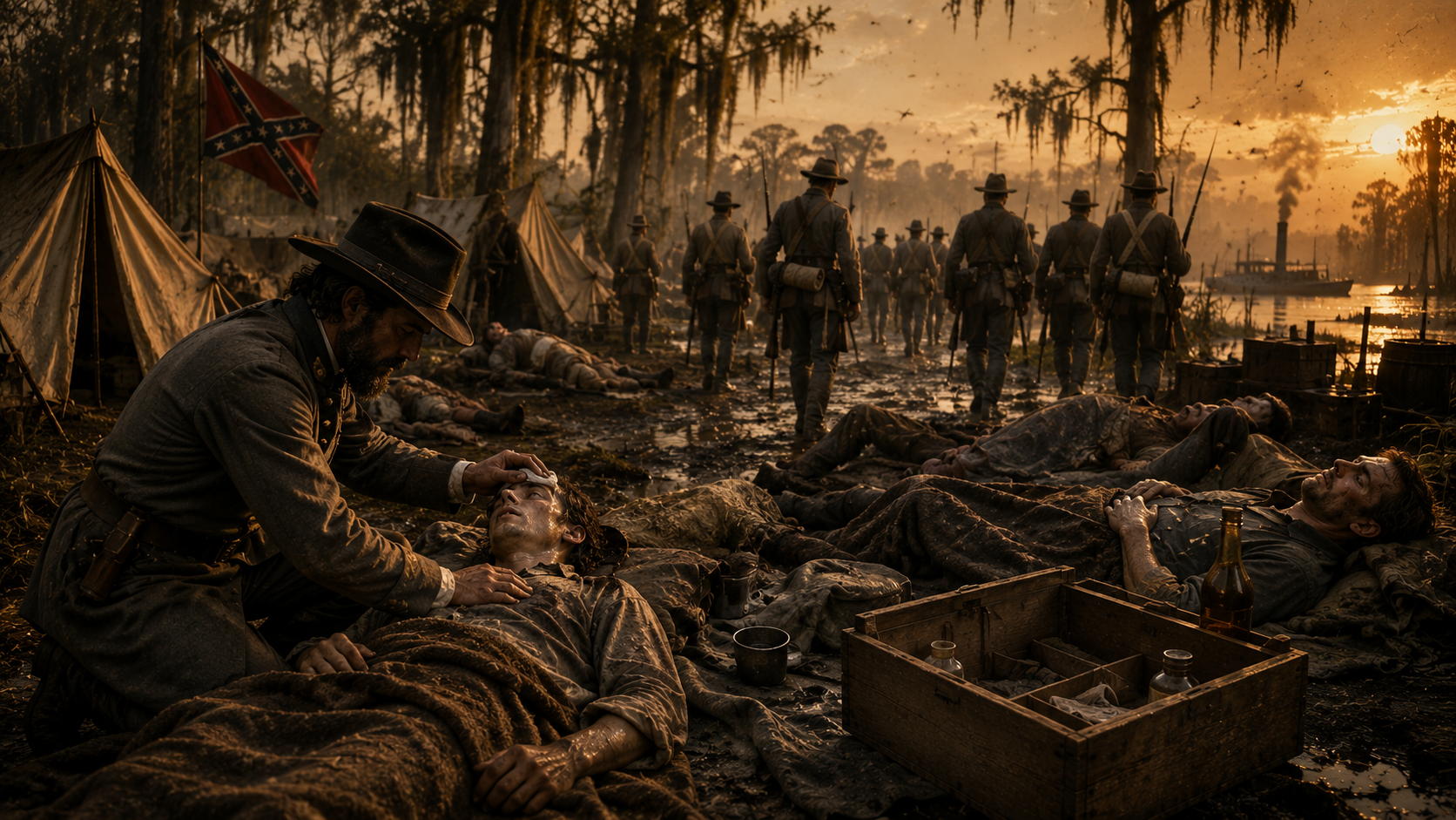 Confederate soldiers dying of malaria — the blockade cut off their quinine supply