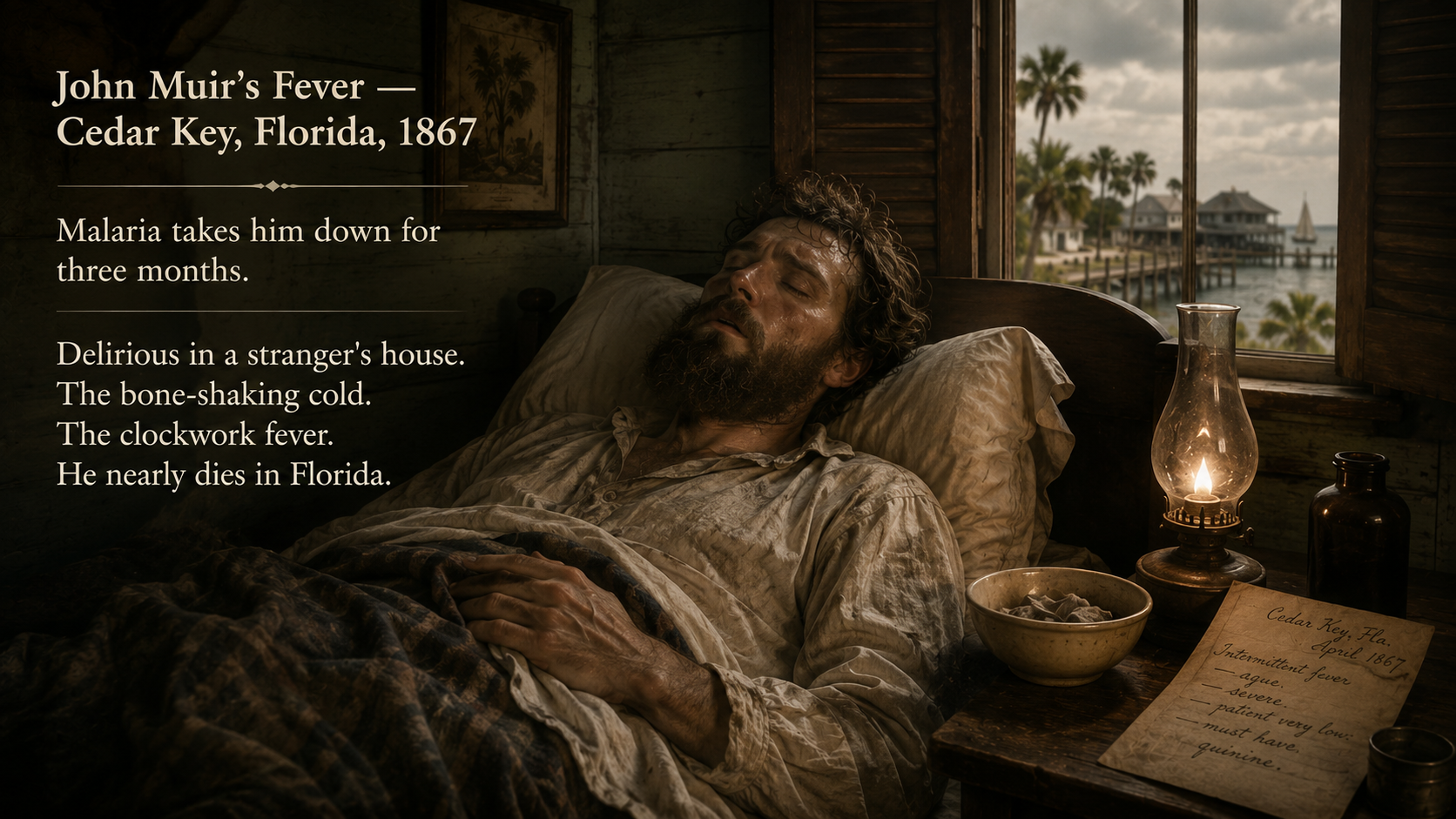 John Muir near Cedar Key, Florida — malaria nearly ended his journey before it began