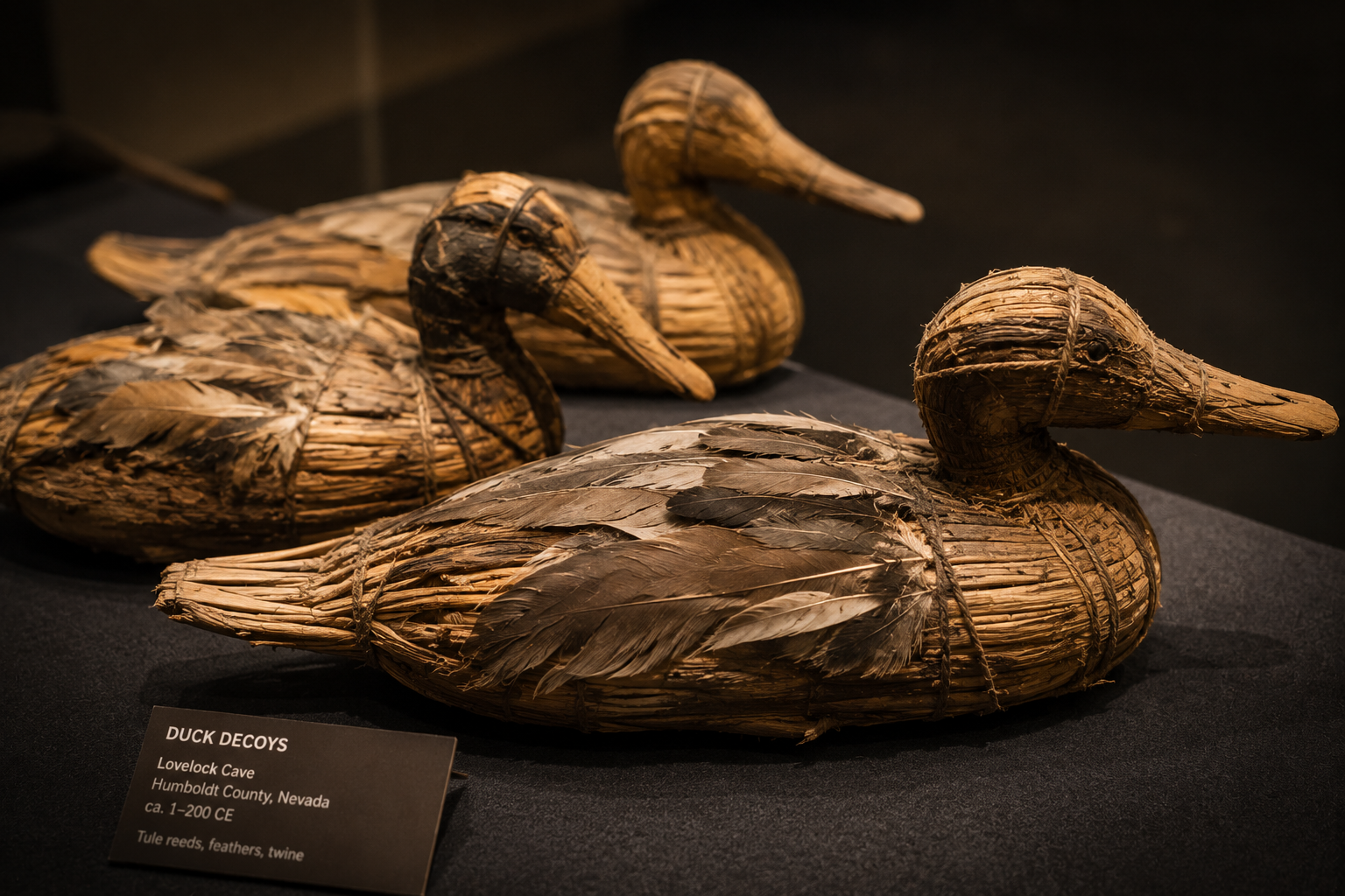 Ancient tule reed duck decoys with intact feathers, museum display, warm archaeological light