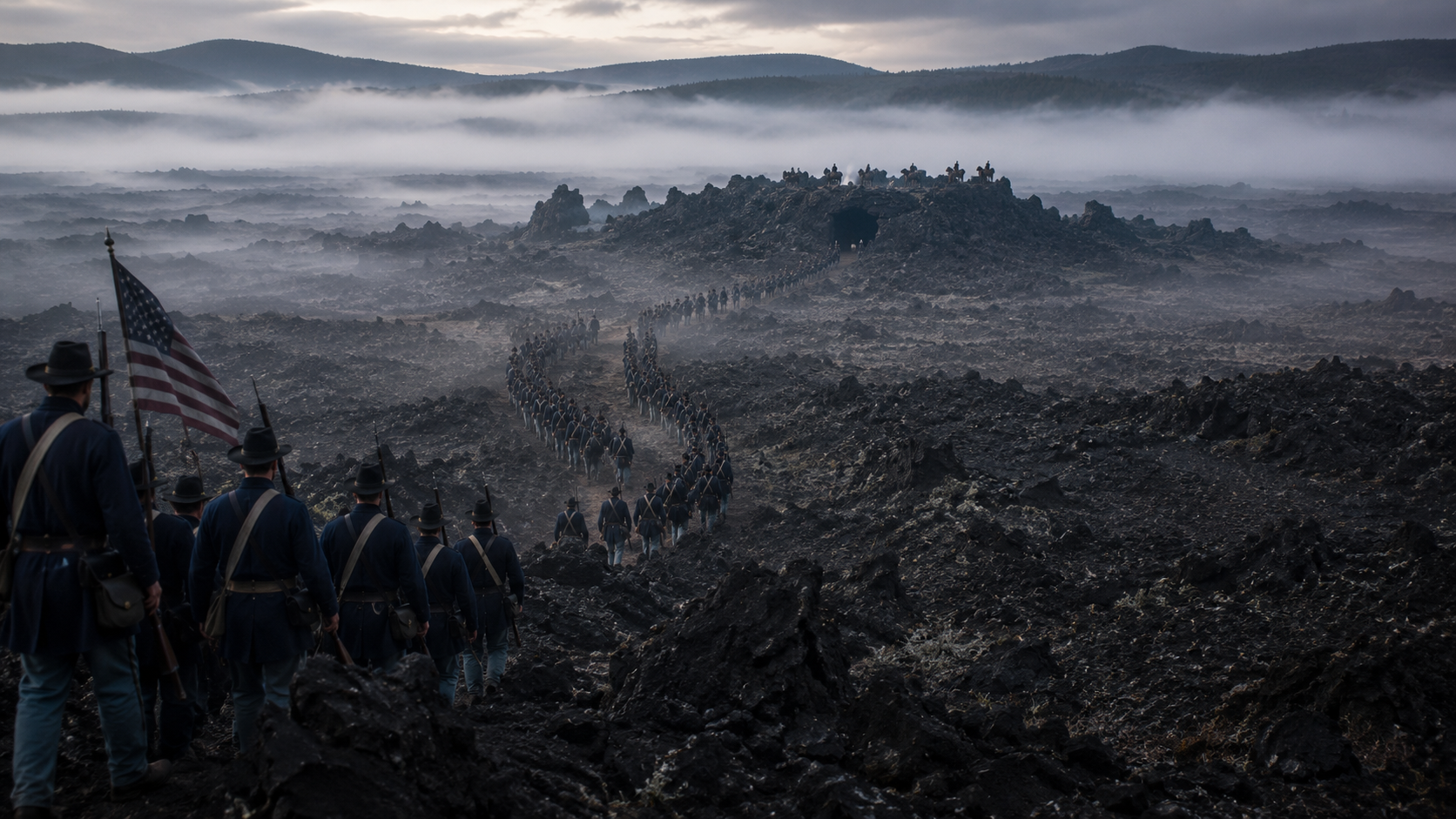 U.S. Army soldiers marching toward Captain Jack's Stronghold through morning mist, black volcanic ridges looming ahead, 1873, tense and foreboding