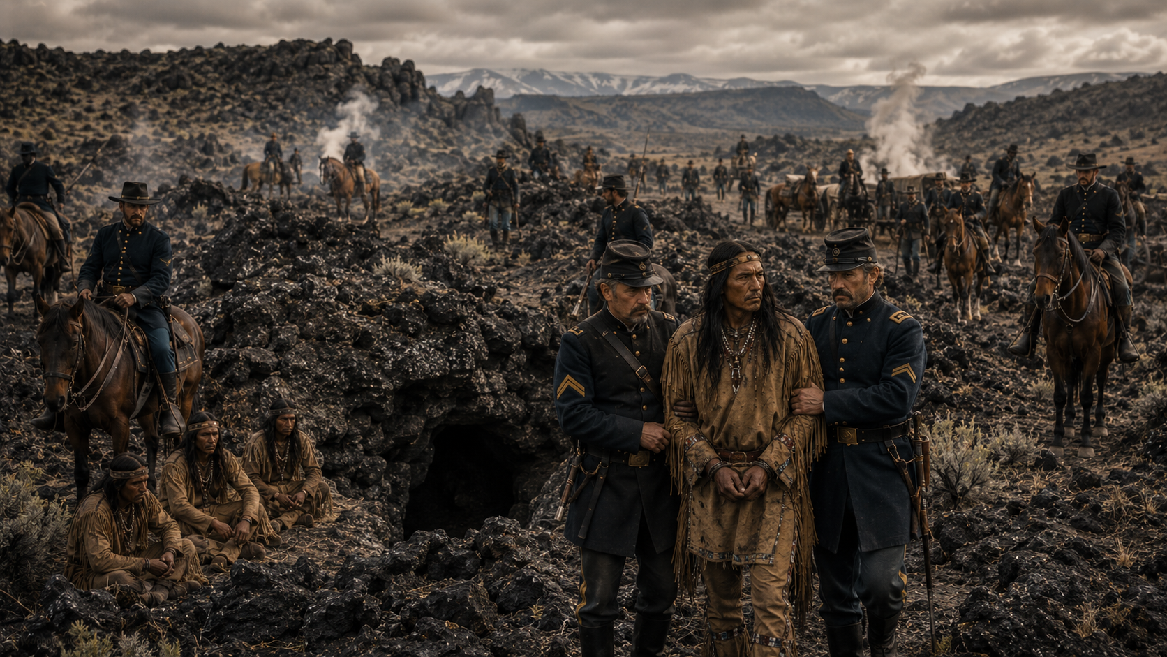 Captain Jack captured in a rugged frontier landscape — a lone Modoc warrior surrounded by U.S. soldiers in the California lava beds, 1873, the end of the resistance
