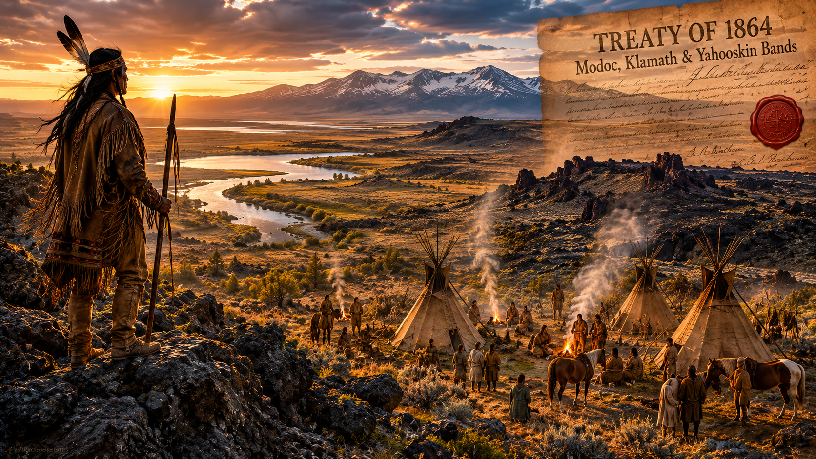 A legacy of land and treaty — Modoc people on their ancestral homeland near Tule Lake, California, high plateau landscape, period-accurate 1860s setting