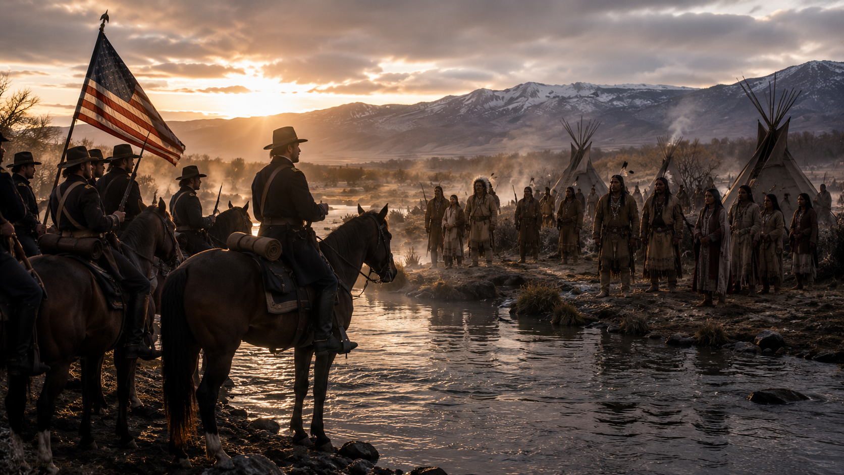 Tense standoff at the riverbank — U.S. Army soldiers on horseback facing Modoc warriors at Lost River, November 1872, period-accurate 1870s setting, cold morning light
