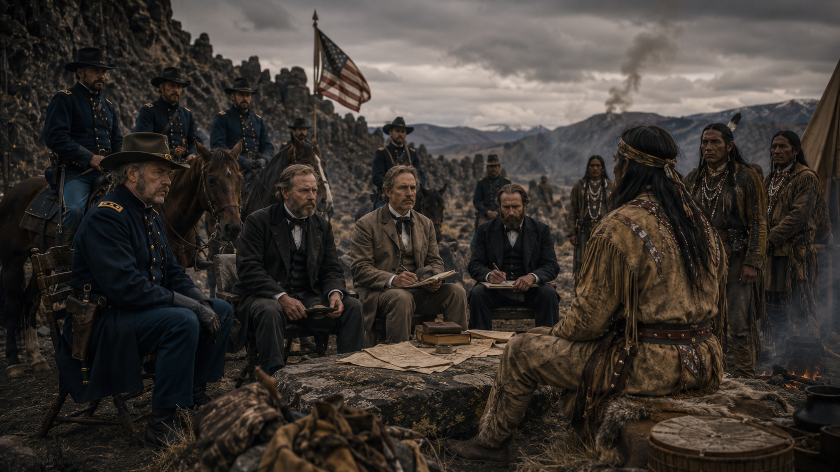 Tense peace negotiation in a rocky canyon — U.S. military commissioners and Modoc leaders meeting in the lava fields, 1873, uneasy gathering, volcanic rock walls surrounding them