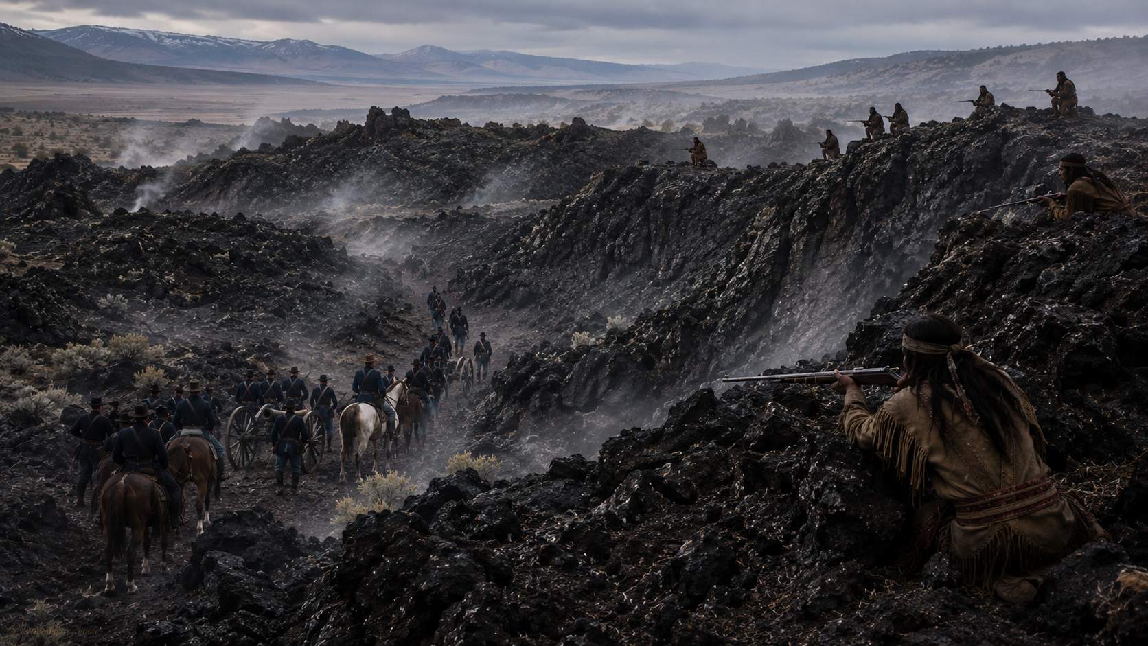 Modoc scouts moving through a volcanic battlefield at Lava Beds National Monument, jagged black lava ridges, 1870s setting, dramatic tension