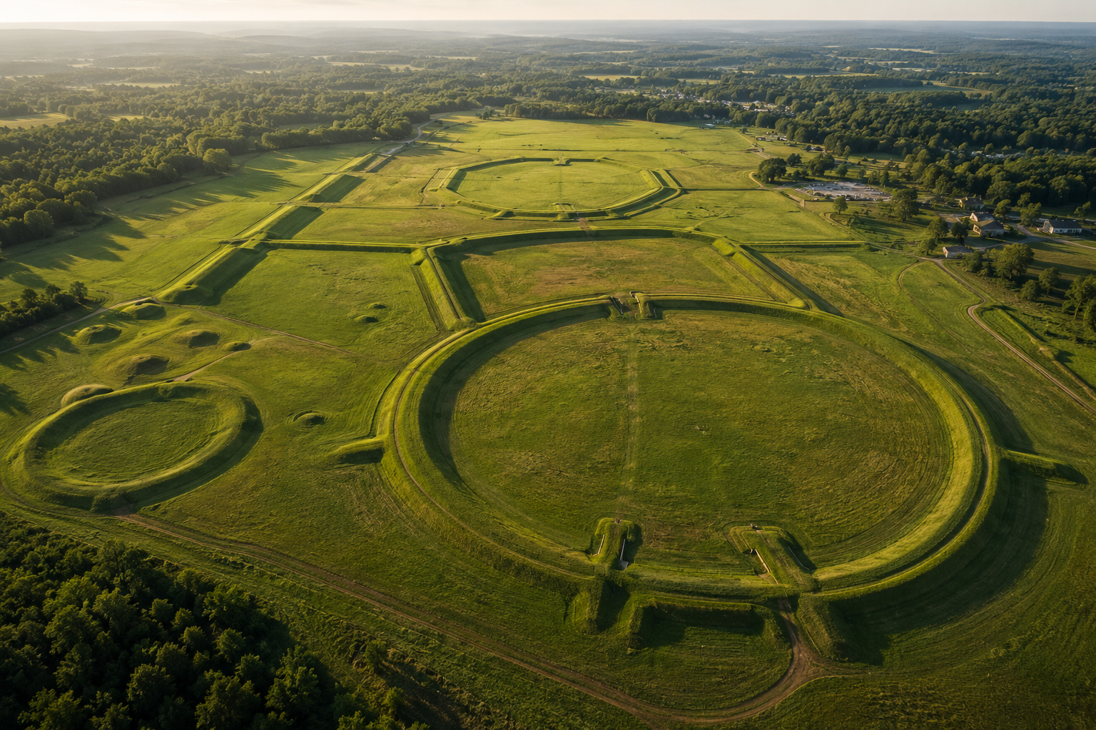 Massive geometric earthwork shapes from above, vast Ohio landscape, ancient precision visible in the geometry
