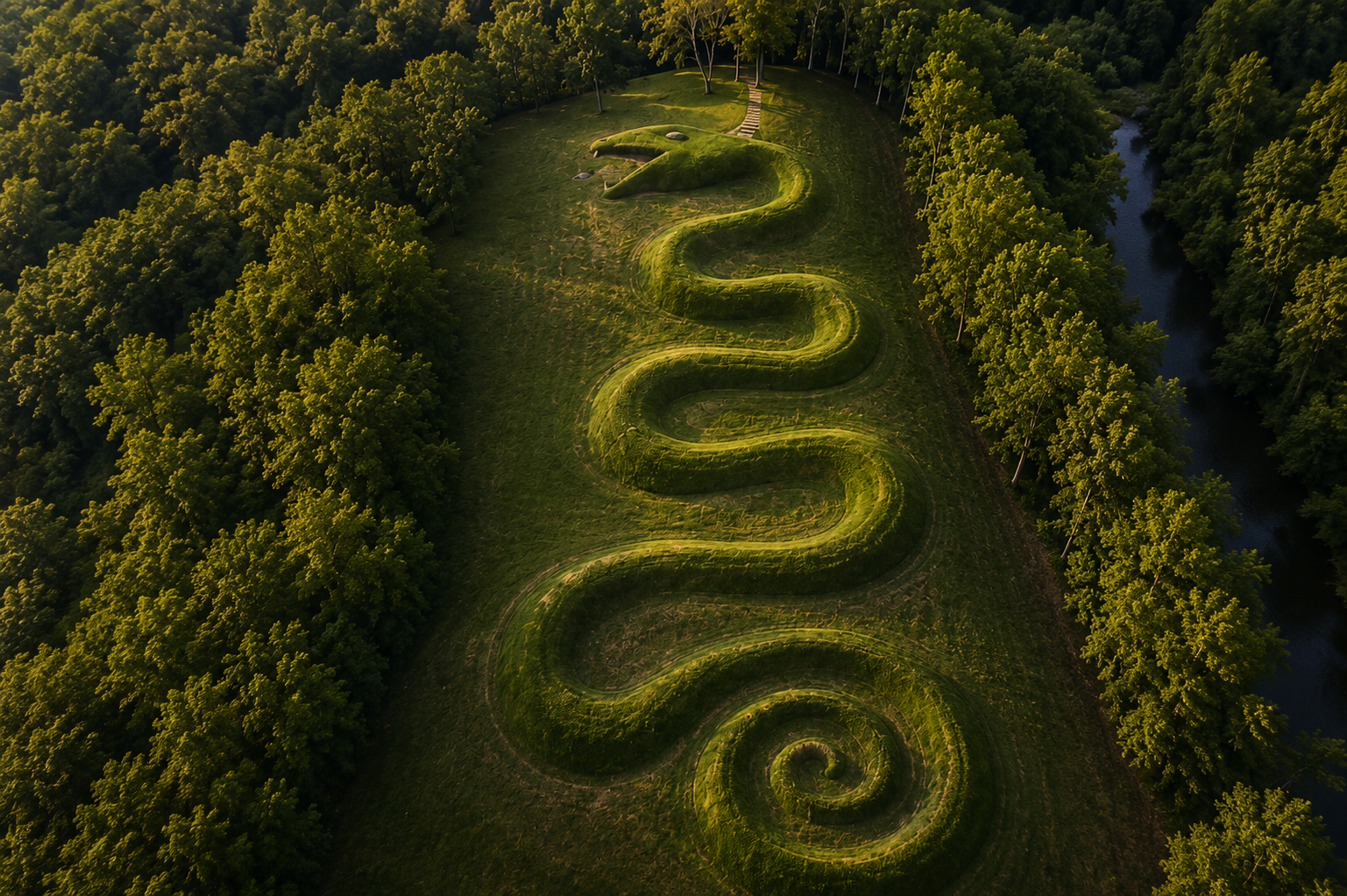 Serpent Mound Ohio coiling through forested landscape, the full 1,348-foot effigy visible from above