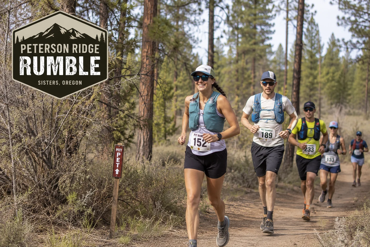 Runners on the Peterson Ridge Rumble — ponderosa singletrack, PETT trail markers, and a pace group that looks like they're having entirely too much fun