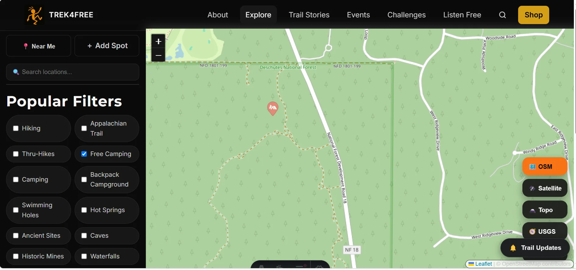 Trek4Free Explore map — the Arnold Ice Cave Road free camping marker right at the southern edge of Bend, where Deschutes National Forest begins. Every spot like this one is searchable and mappable on Trek4Free.