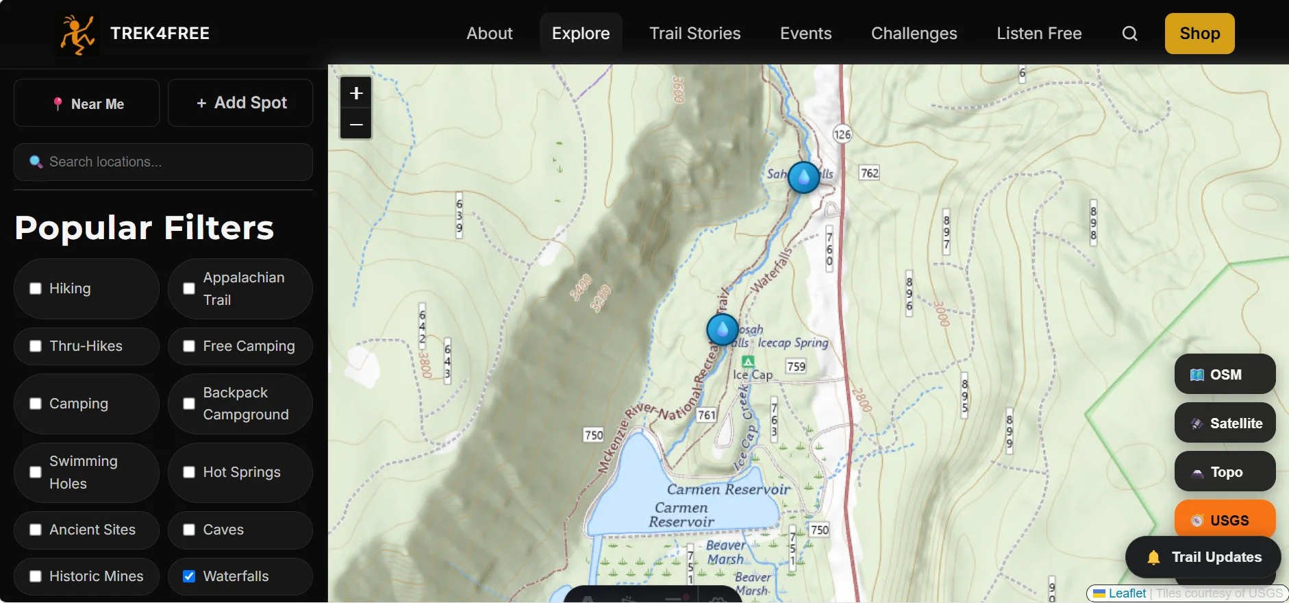 The Trek4Free Explore map showing Sahalie Falls and Koosah Falls along the McKenzie River — click either point for trail details, driving directions, and the Organic Maps link