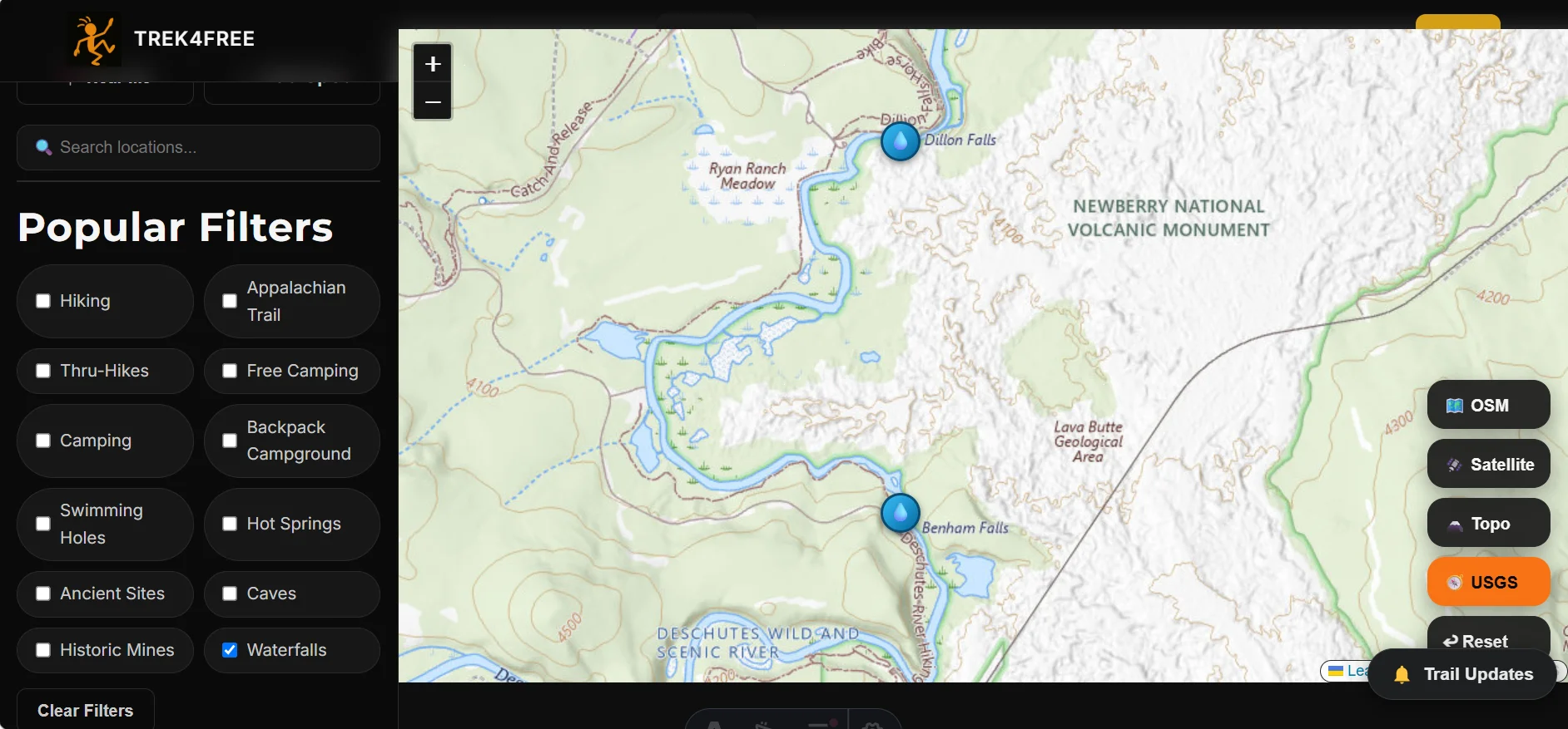 Trek4Free Explore showing Dillon Falls and Benham Falls along the Deschutes River Trail corridor south of Bend — plan your route before you leave cell range