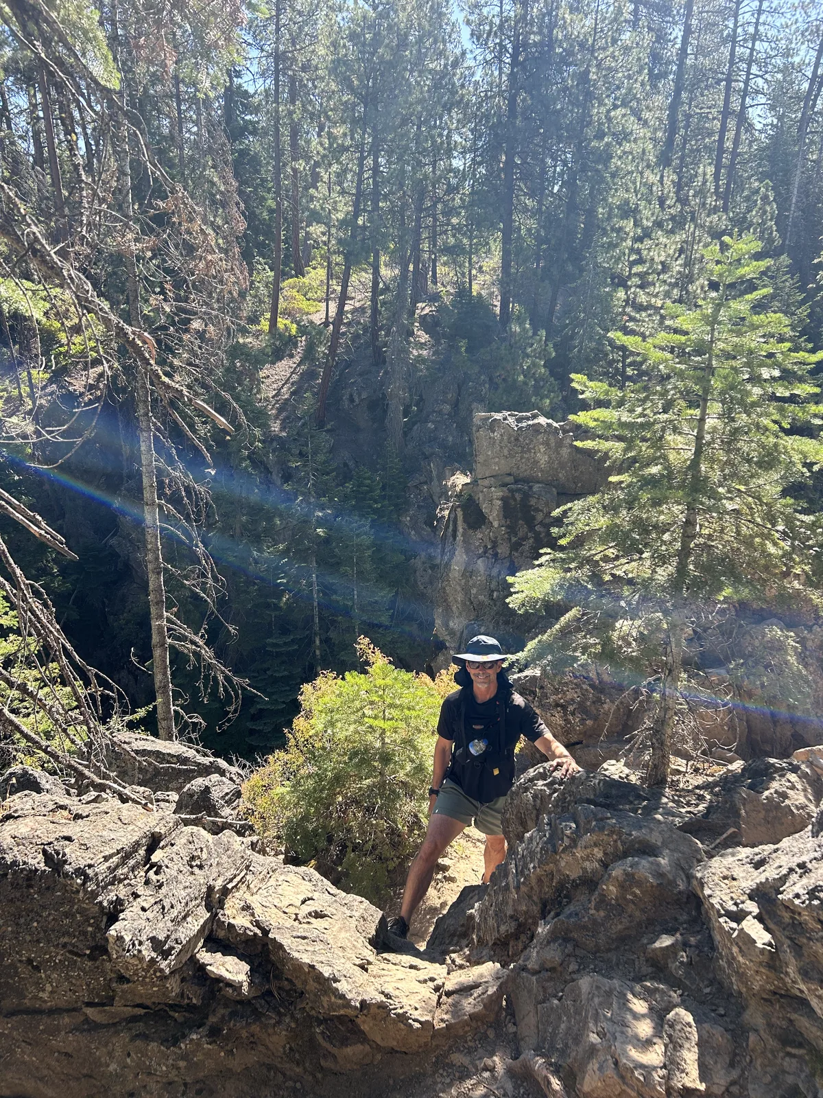 Deschutes River Trail between Dillon Falls and Benham Falls — ponderosa pine shade, volcanic rock, and river the entire way