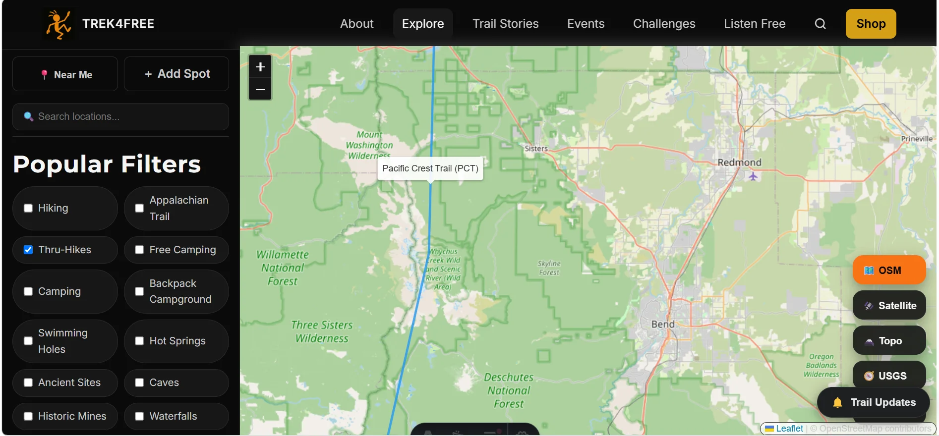 The Trek4Free Explore map showing the Pacific Crest Trail running through the Three Sisters Wilderness — Sisters and Bend visible, Willamette and Deschutes National Forests labeled. Click any point for trailhead details.